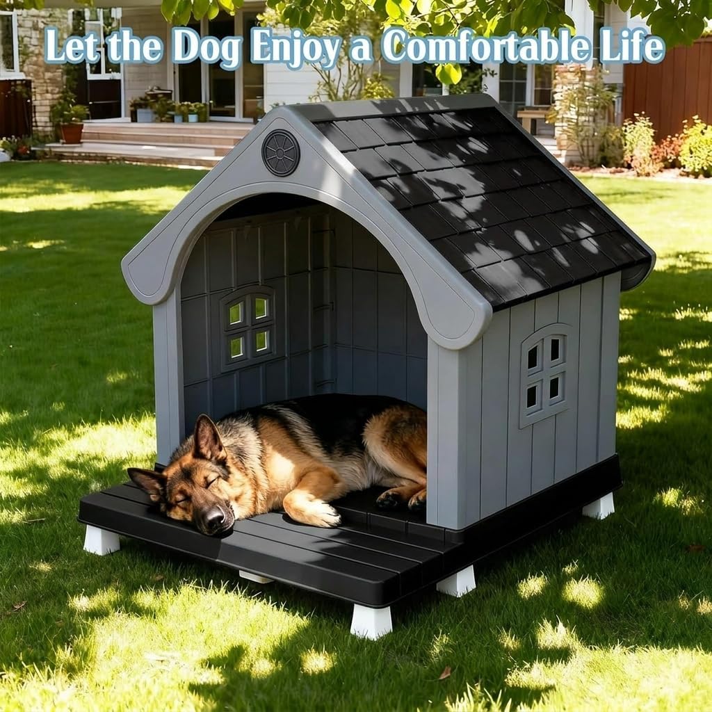 VIXZEN Large Dog House Outdoor, Plastic Weatherproof Dog House with Elevated Floor and Open Front, Easy to Clean & Assemble, Durable PP Material Pet Shelter for Large Dogs Outside (Black)