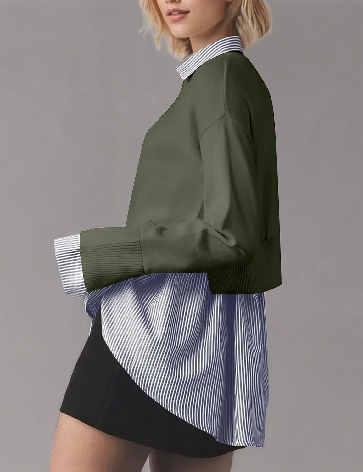 MISSACTIVER Women’s Lapel Collar Slit Patchwork Sweater 2 in 1 Button Down Knit Pullover Asymmetrical Hem Striped Shirt