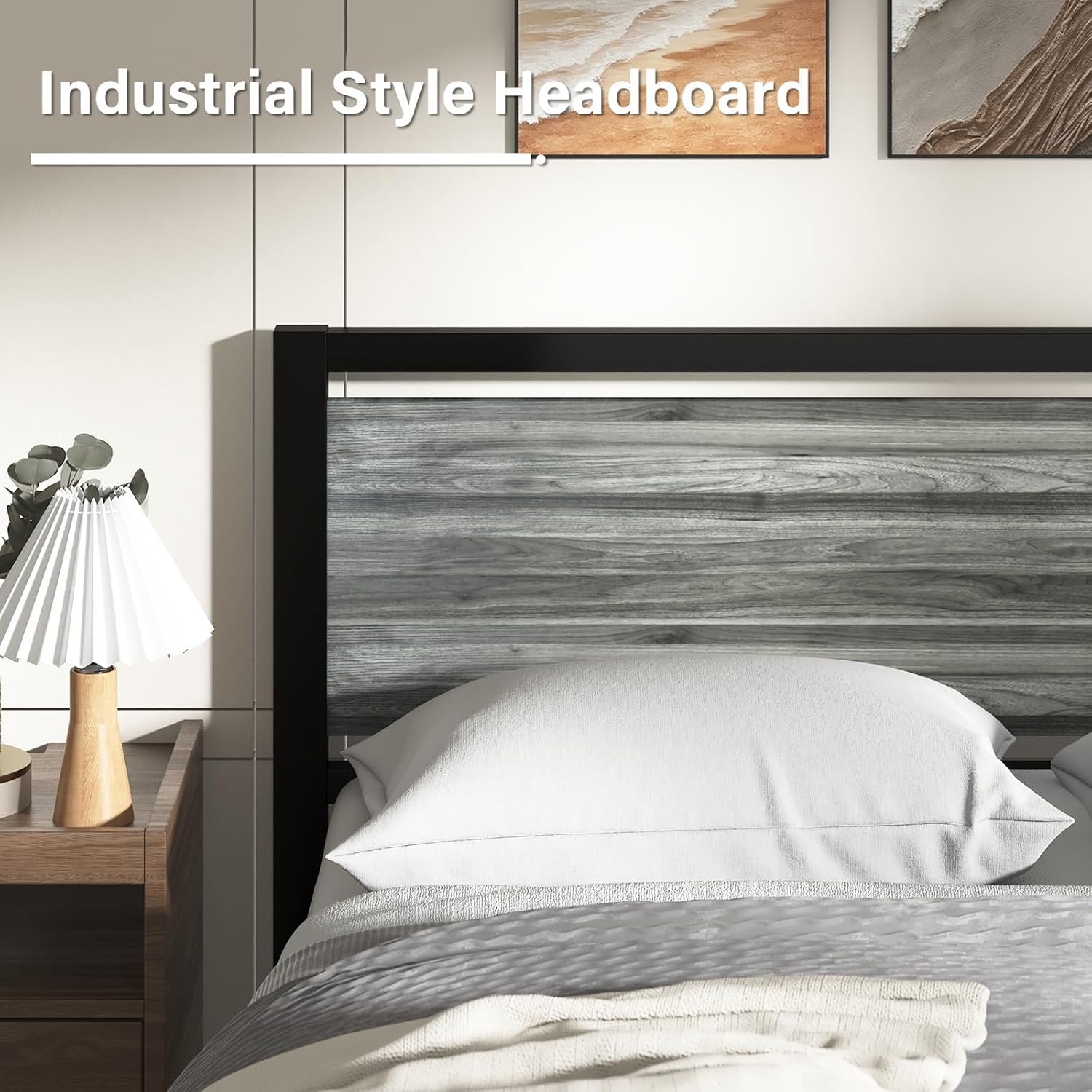 Queen Bed Frame with Headboard, Industrial Style Bed Frame Queen Size, Queen Size Bed Frame with Wooden Footboard, No Box Spring Needed, Noise-Free, Easy Assembly, Wash Grey