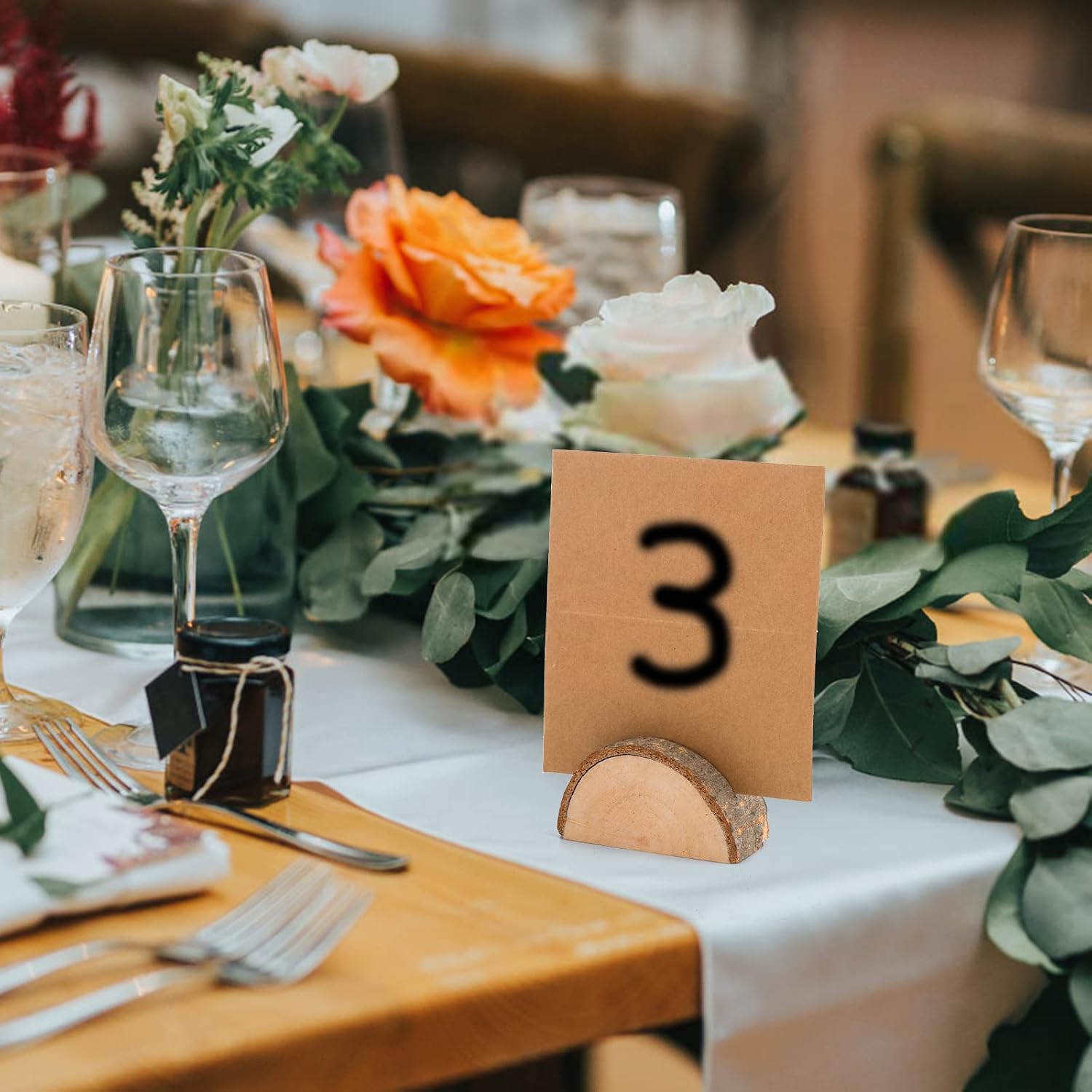 Tosnail 50 Pack Wooden Place Card Holders with 50 Kraft Paper Cards, Rustic Table Number Holders, Small Photo Holder, Name Card Stand for Wedding, Party Decorations - Half Circle image 5