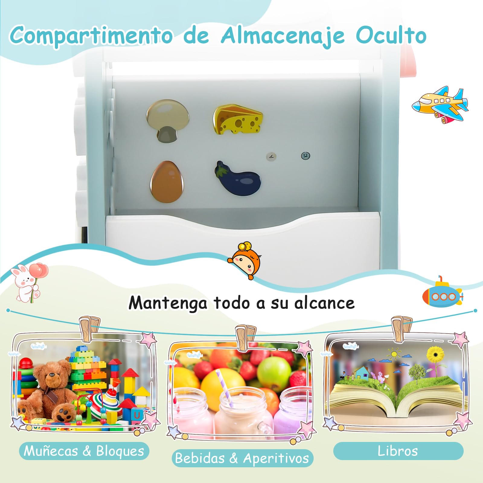 GOPLUS Centro de Actividades de Cocina de Madera 6 en 1, Andador con Cocina para Bebés, Cocina de Juguete, Juego de Empareja, Carriola Ergonómica con Ruedas para Bebés de 12+ Meses (Azul)