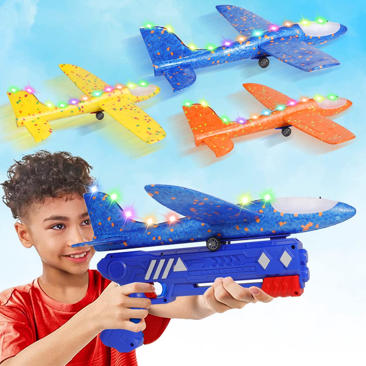 Feelfly Airplane Launcher Toy Foam Throwing Glider Catapult Plane Toys for Boys Girls Outdoor Shooting Game Garden Flying Toys Birthday Gifts for Ages 4 5 6 7 8 9 10
