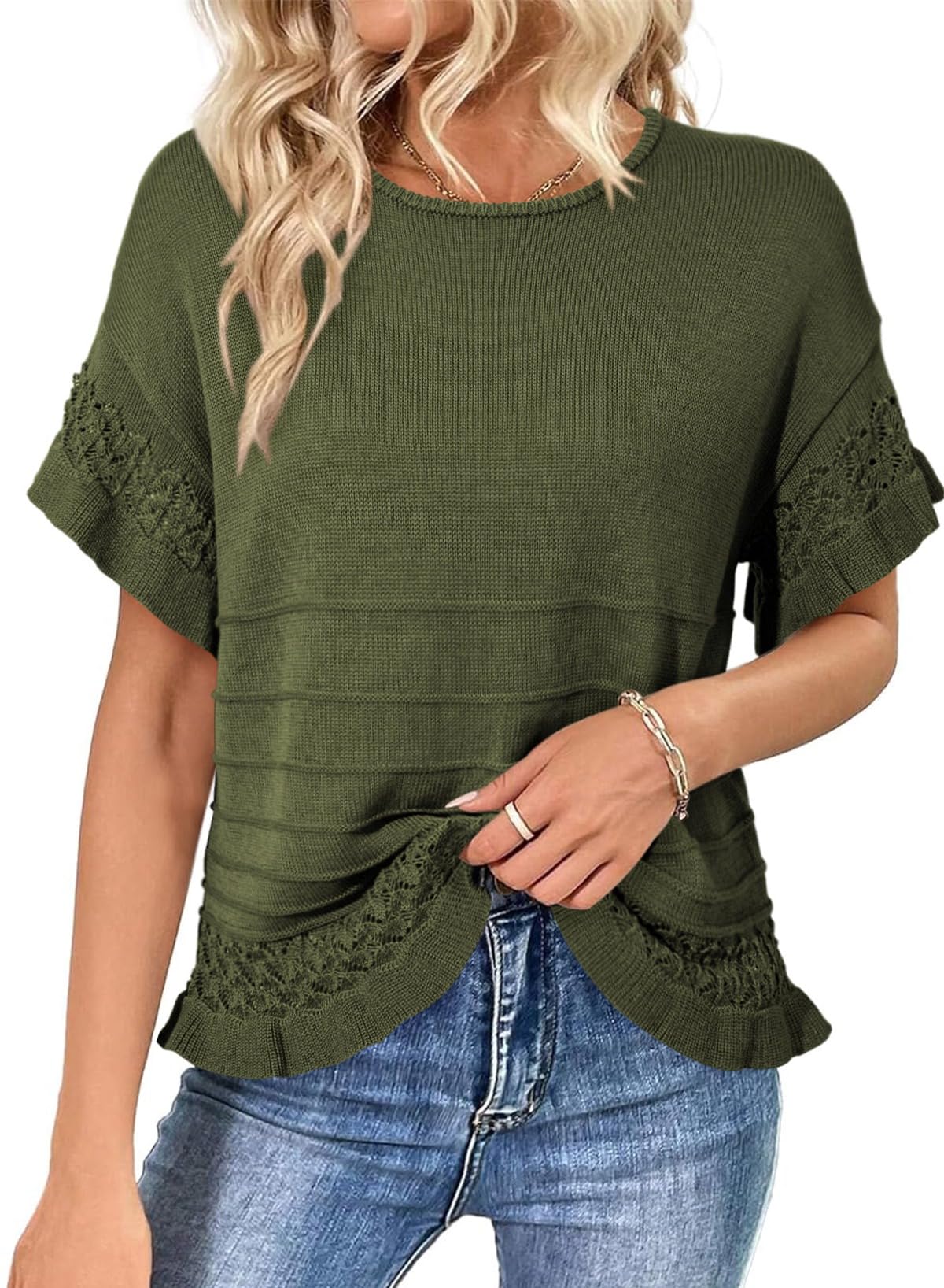 Dokotoo Womens Short Sleeve Sweaters Oversized Summer Casual Ruffled Hem Knit Pullover Tops Cute Solid Color Crochet Blouses