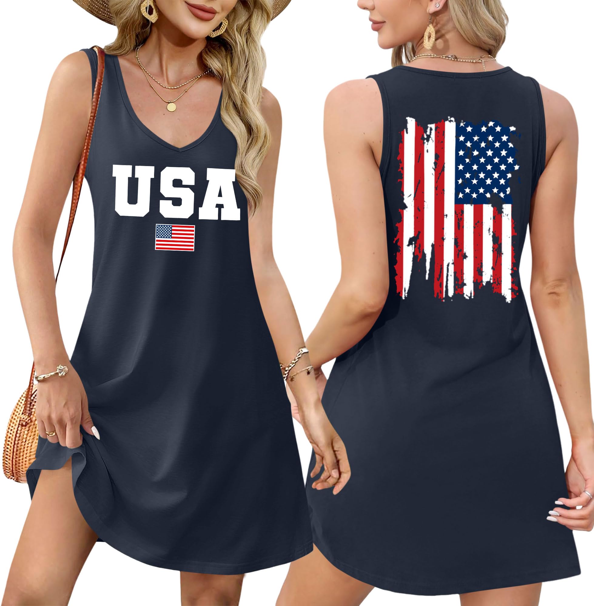 LHBNK 4th of July Dress for Women: American Flag Tank Dresses Star Striped Splicing Loose V Neck Sundresses