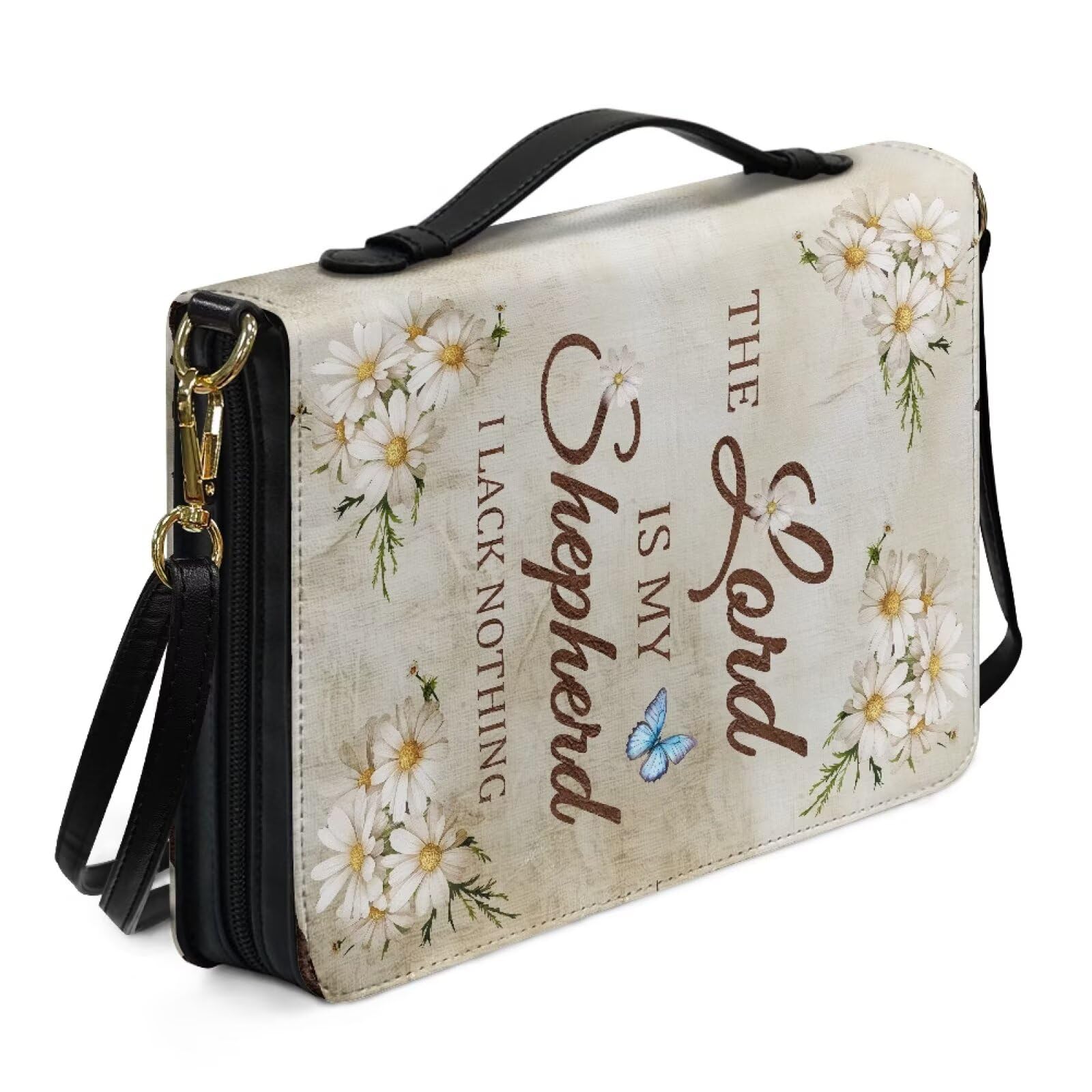Kuiaobaty Blessing Quote Bible Protective Bag with Shoulder Strap, Lord Quote Daisy Flower Faux Leather Book Case Christian Gift for Women,2XL