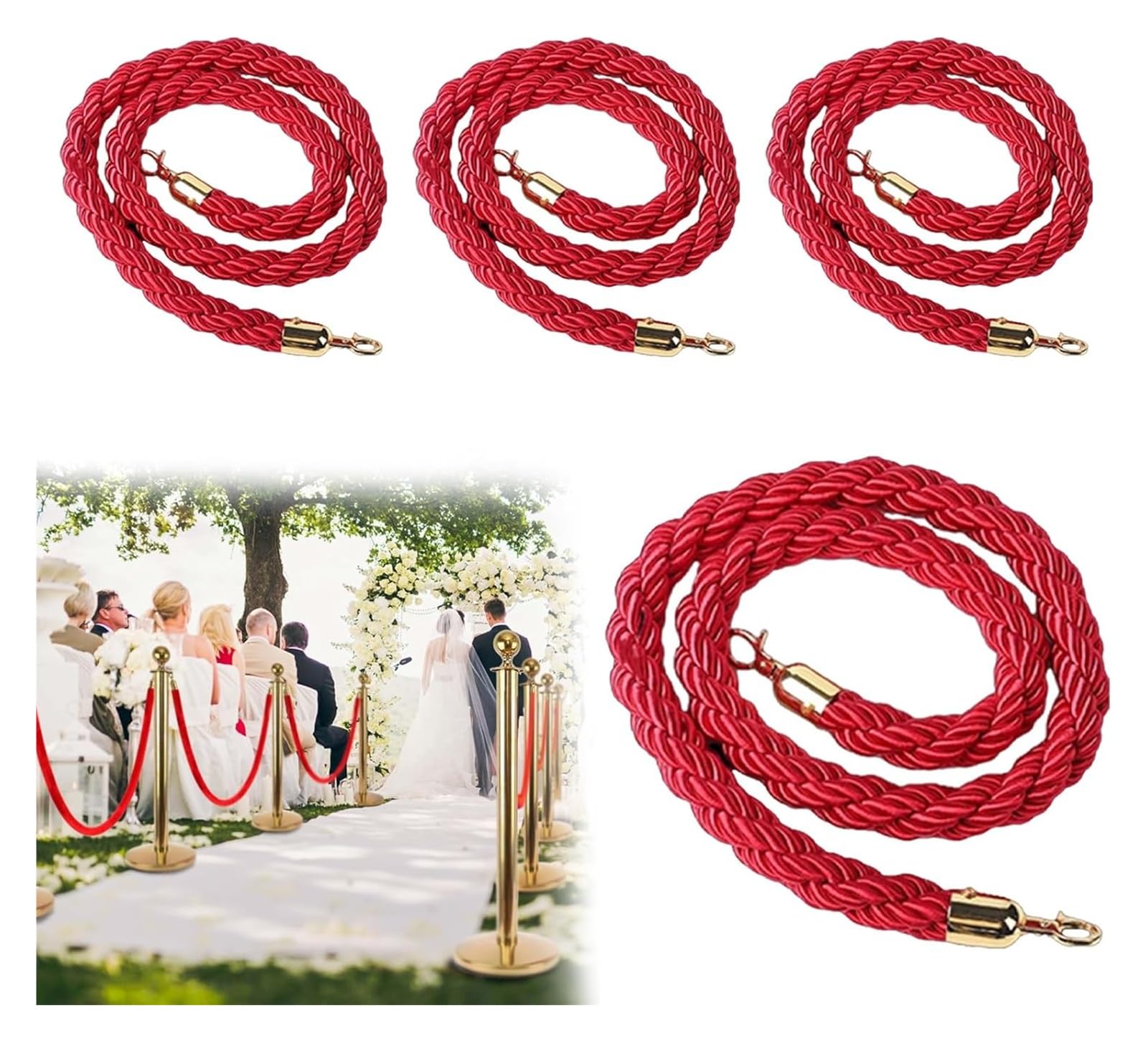 Cordon en Velours Rouge Lot de 4 Cordons 1,5m avec Mousquetons Dorés Événement