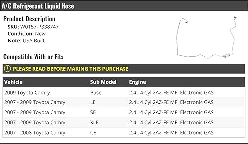 Manguera de líquido refrigerante AC - Construido en EE. UU. - Compatible con Toyota Camry 2.4L 2.4L 4 cilindros 2AZ-FE MFI Electronic GAS 2007-2009