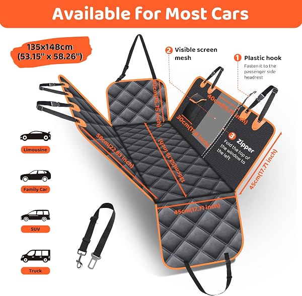 KYG Dog Hammock for Car Back Seats with Side Protection and Mesh Visual Window, Durable Scratch Proof and Waterproof Pet Seat Cover for Cars/Trucks/SUV, 135 x 148 cm, Black&Orange - 2