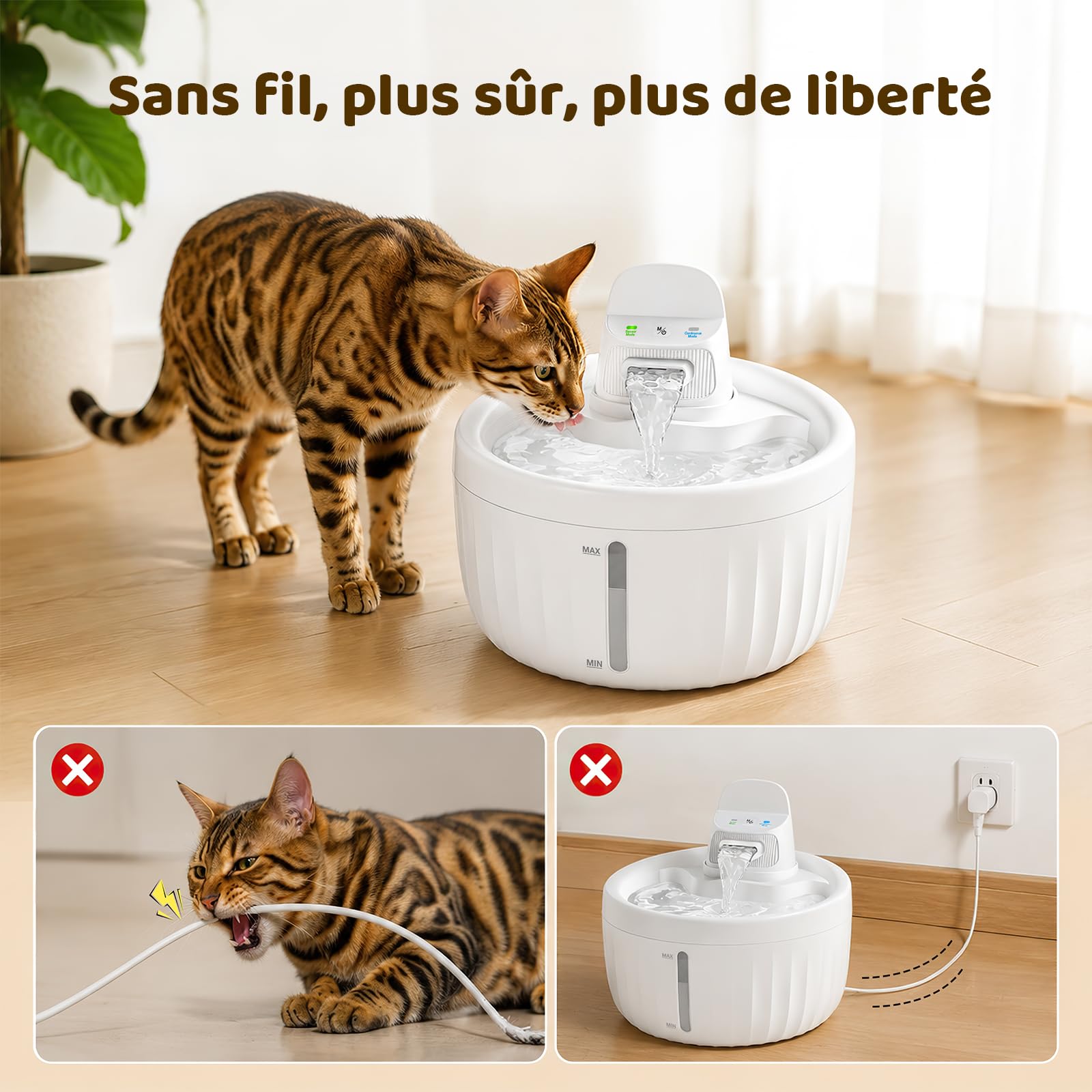 PcEoTllar Fontaine pour Chats sans Fil, 1,3 l, avec détecteur de Mouvement | Eau pure 24h/24, filtration 3-en-1, deux modes adaptés à chats et petits chiens. （82 caractères）