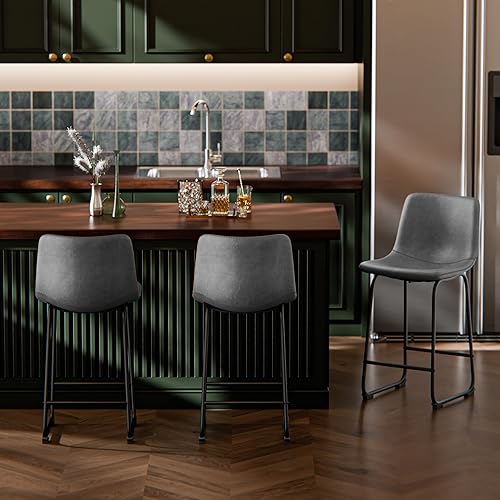 Miniatura 5 de Juego de 4 taburetes de bar de piel sintética, taburetes de bar de altura de mostrador, taburetes de mostrador de 26 pulgadas con respaldo,