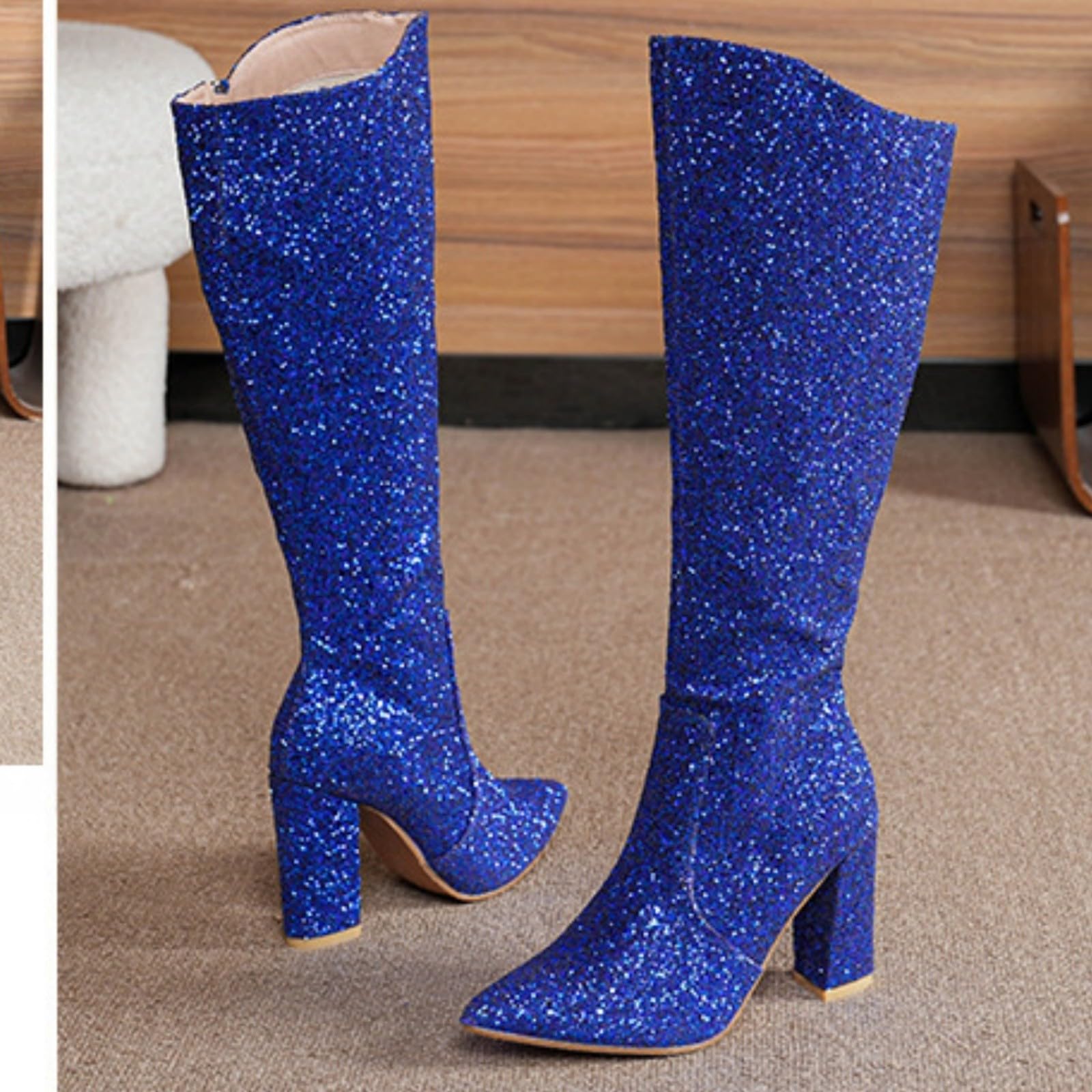 Nuovi Stivali Alti con Tacco Spesso Glitterati per La Primavera E L'Autunno, Lunghi Sexy Alto Grande Rotonda Polpaccio Donna Autunno Inverno Eleganti Medio Anfibi Scarponcini Trekking