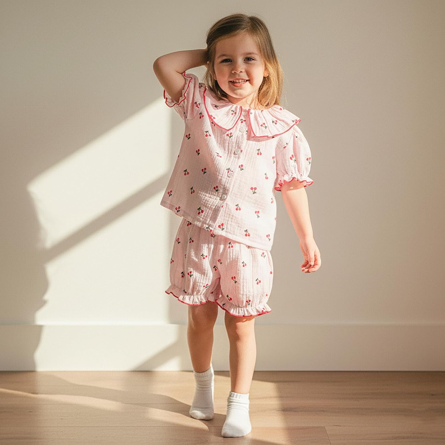fhutpw Toddler Baby Girls Summer Clothes Cherry/Daisy Printed Puff Short Sleeve Button Down Tops Shorts Set Cute Outfits