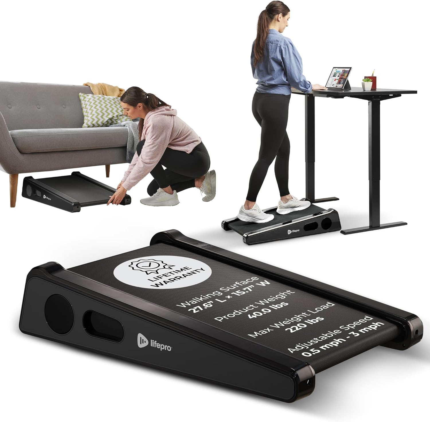 Lifepro Under Desk Small Walking Pad with 2-Stage Incline (5°/7°) – Burn More Calories While You Work – Compact Portable Mini Treadmill for Small Spaces – Low Noise