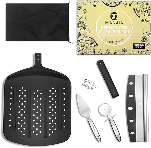 Miniatura 6 de MANJIA Espátula perforada de aluminio para pizza de 12 pulgadas, antiadherente, de metal, con cortador basculante (12 x 14 pulgadas), juego de