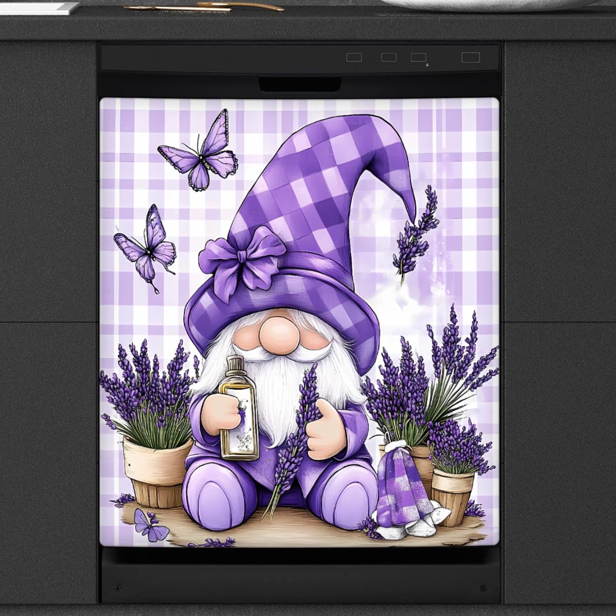 Dishwasher Magnet Cover Purple Plaid Gnome Lavender Reusable Dishwasher Magnetic Cover Sticker Decorative Dish Washer Door Cover Panel for Home Kitcen Appliance