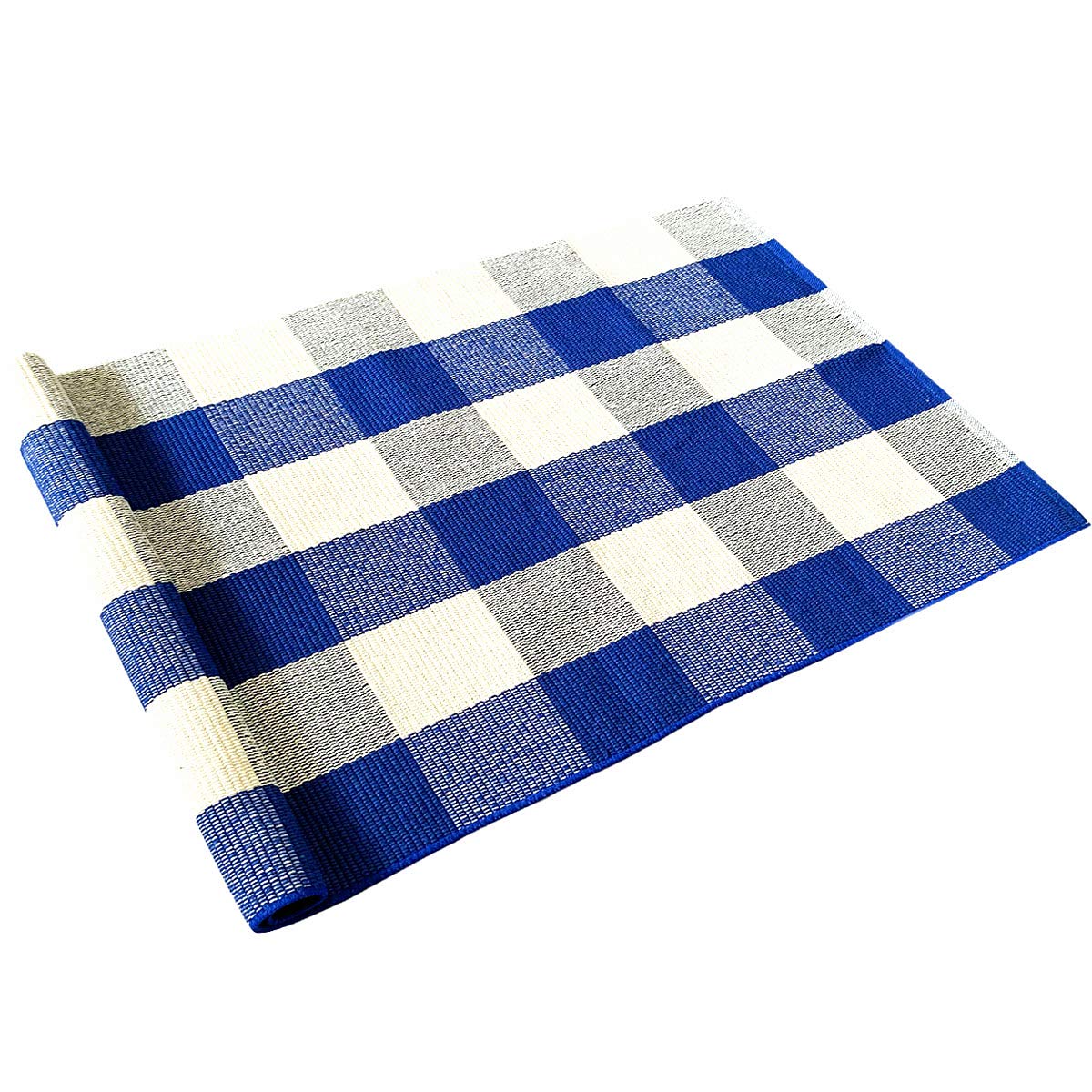 LEVINIS Blue Buffalo Plaid Rugs 3'x2'- Cotton Hand-Woven Rug Farmhouse Front Porch Rugs Outdoor Doormat Washable Buffalo Check Rug for Kitchen/