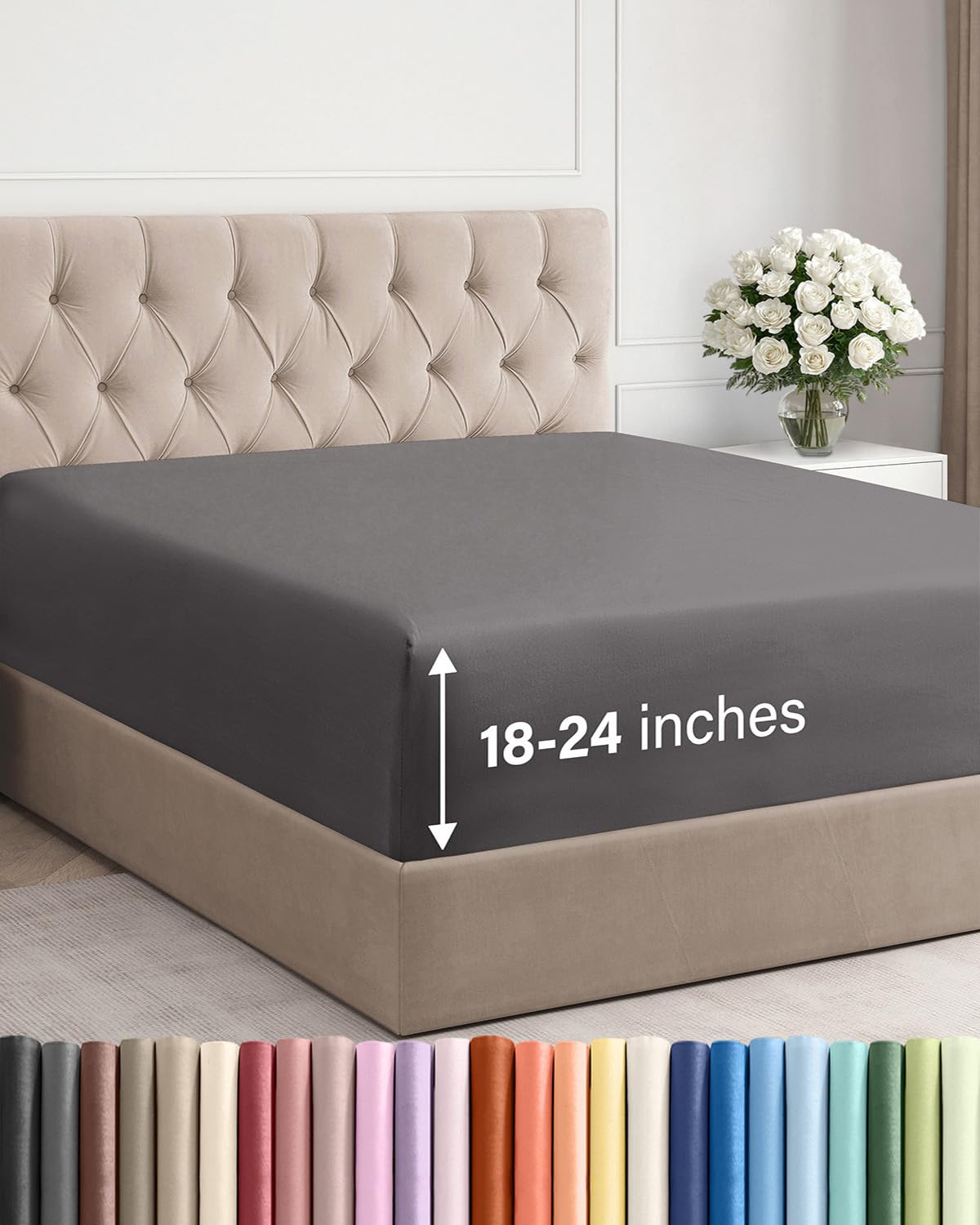 extra deep cal king fitted sheet - hotel luxury single fitted sheet only - easily fits 18 inch to 24 inch mattress - ultra soft, wrinkle free with extra deep pockets - breathable & comfy - dark grey