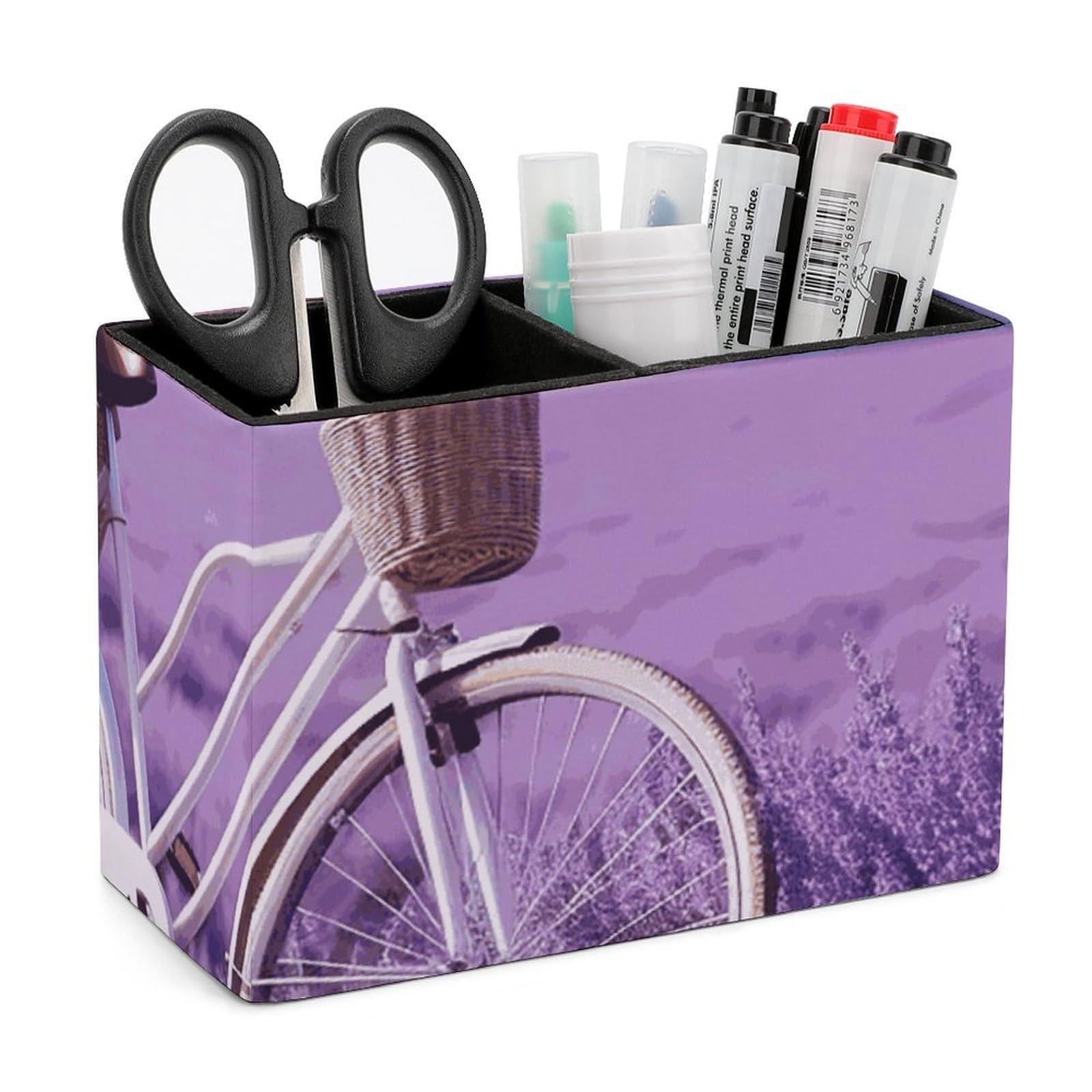 Porte-stylo en cuir motif vélo et lavande à double compartiment pour organisation de bureau