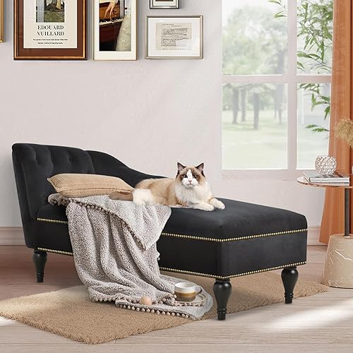 Polibi Tumbona pequeña de 58 pulgadas con cabeza de clavos, moderna tumbona de terciopelo copetuda para sala de estar u oficina, sofá de descanso