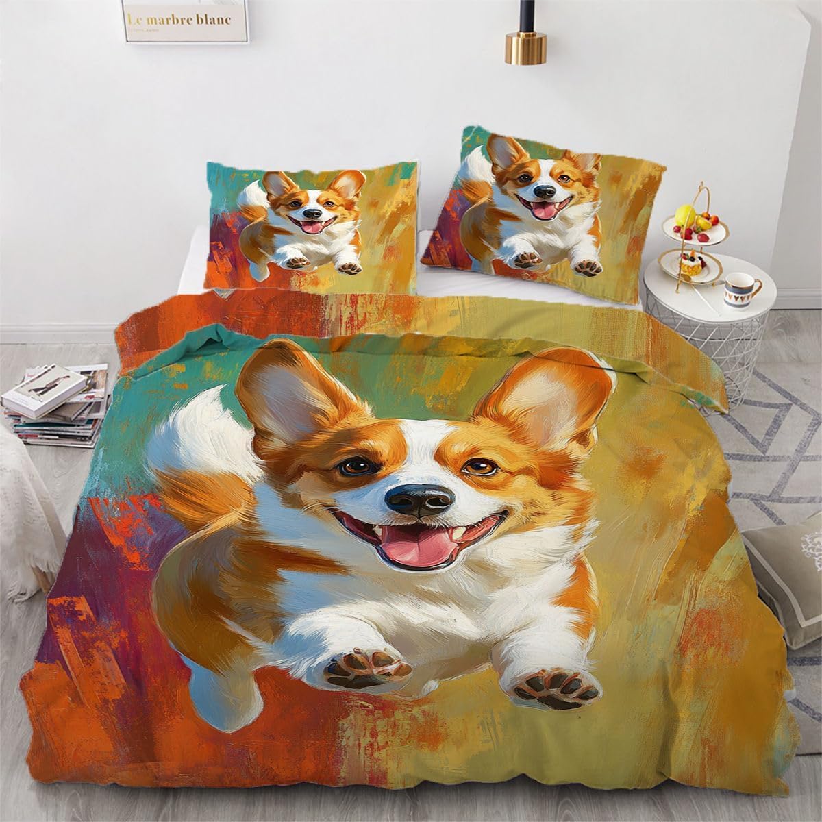 NDXRWDZR Single Bedding Set Corgi Duvet Cover for Kids Soft Hypoallergenic Microfiber Duvet Cover with Zipper Closure, 1 Duvet Cover 135x200 cm + 2 Pillowcases 50x75 cm