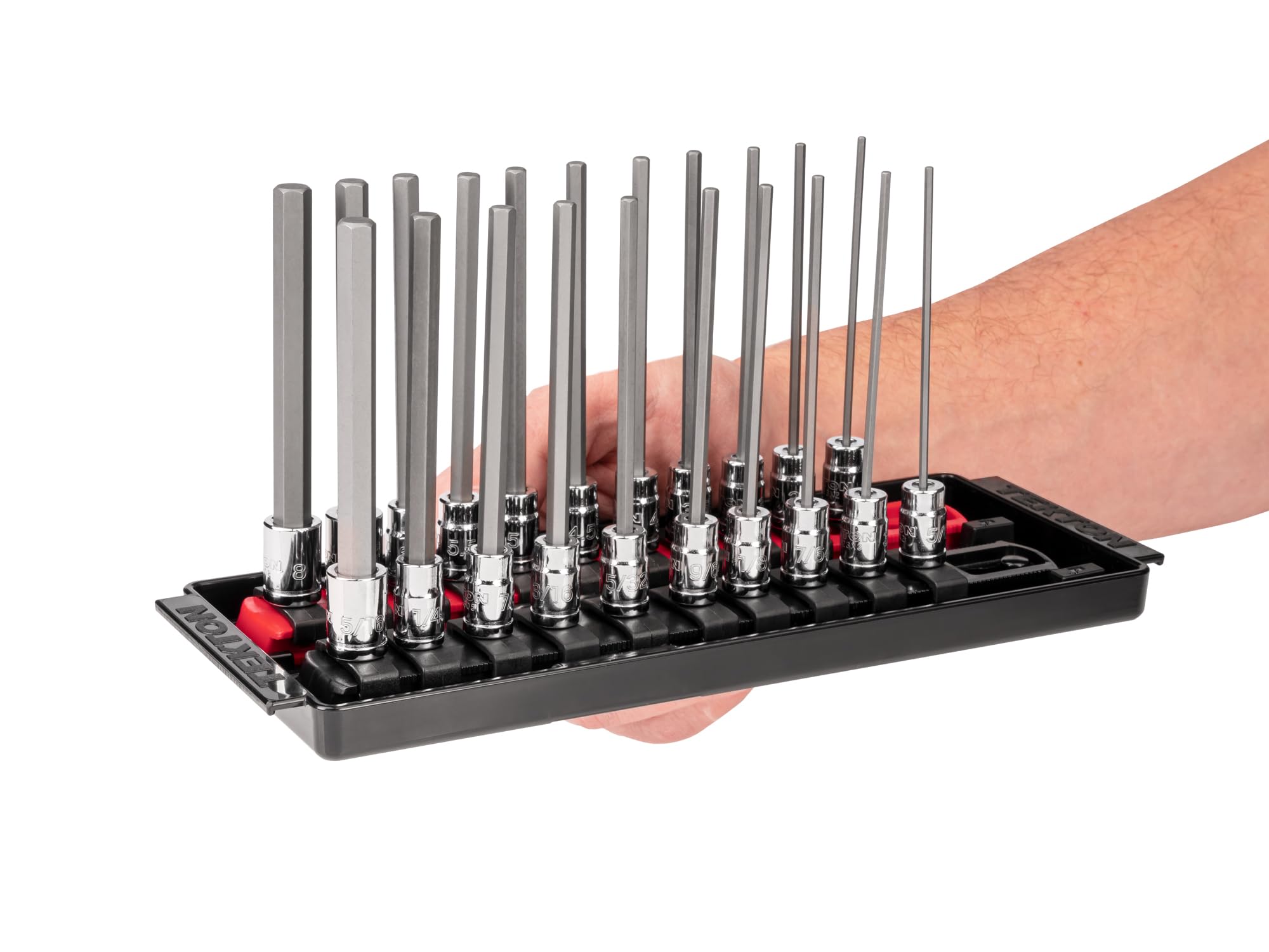 TEKTON Zestaw nasadek sześciokątnych 1/4 cala z szynami i tacą, 21-częściowy (5/64-5/40.6 cm, 2-8 mm) | SHB90206
