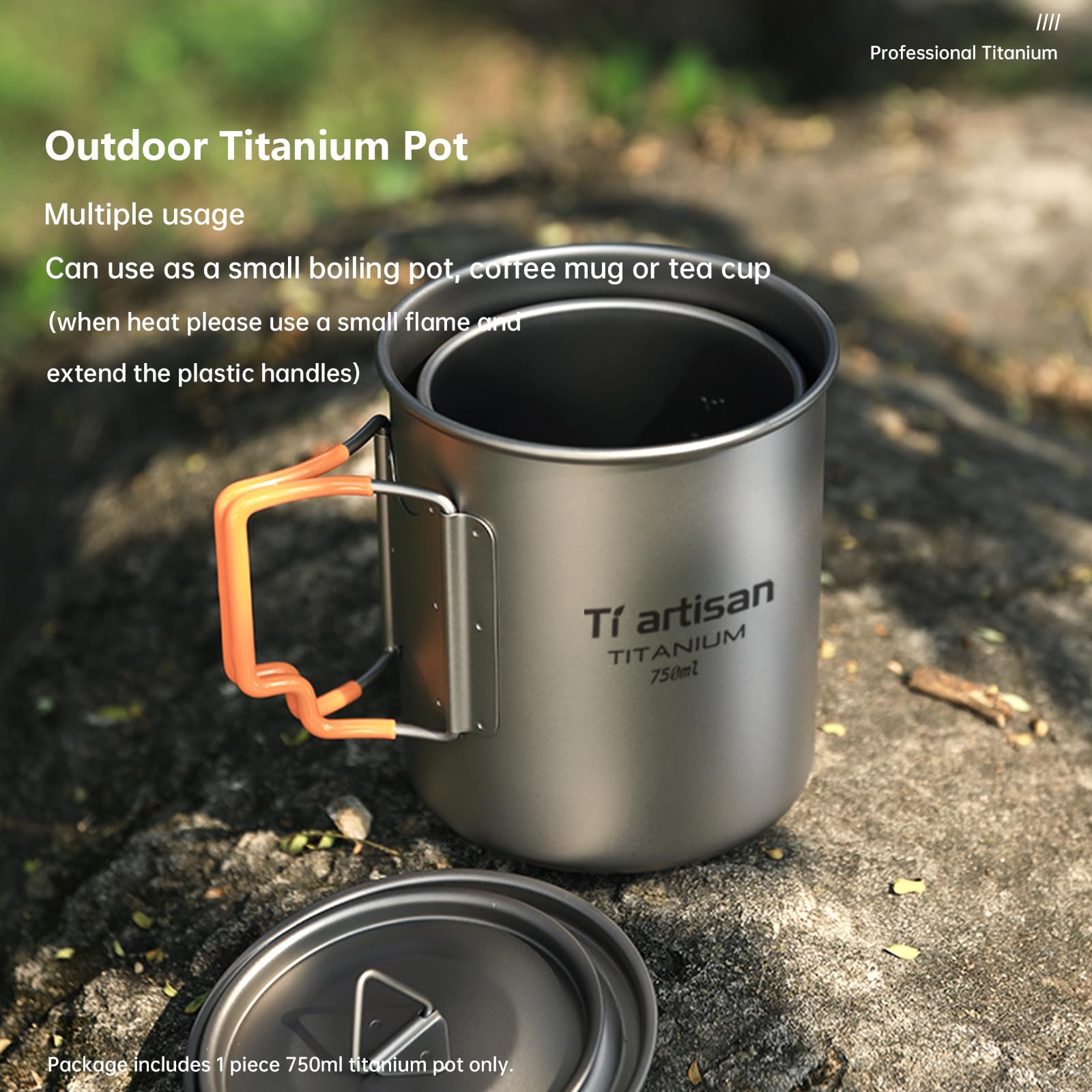 Ti artisan Taza de titanio para camping, portátil, ultraligera, 450 ml/750 ml, agua con asas plegables y tapa para acampar al aire libre, senderismo, mochileros (750 ml)