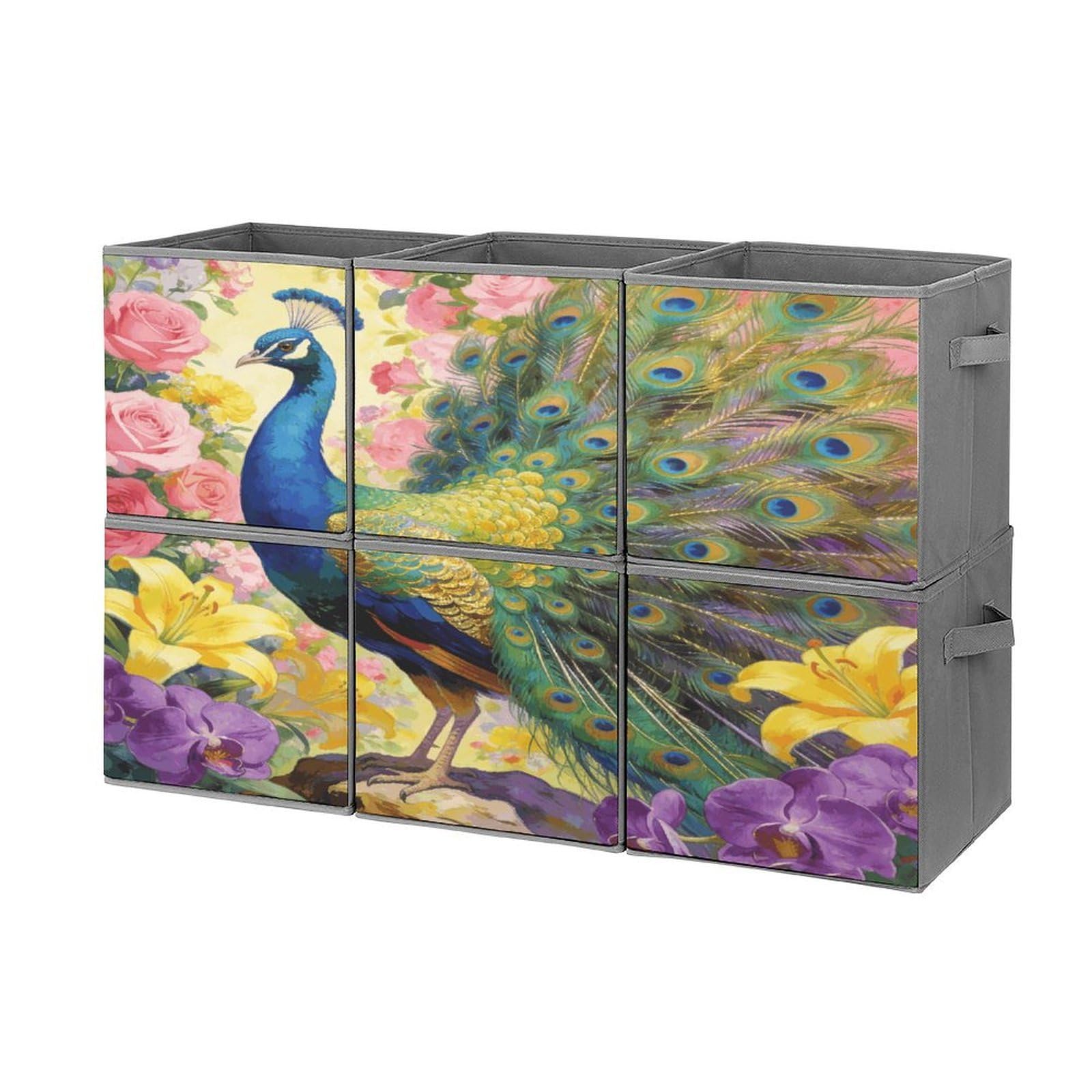 Fodpand Style Flowers And Feathers Cube Bins With Double Handles,Set Of 6 Cube Organizer, Stackable And Foldable Storage Bins For Organization, Closet, Shelves, Offices