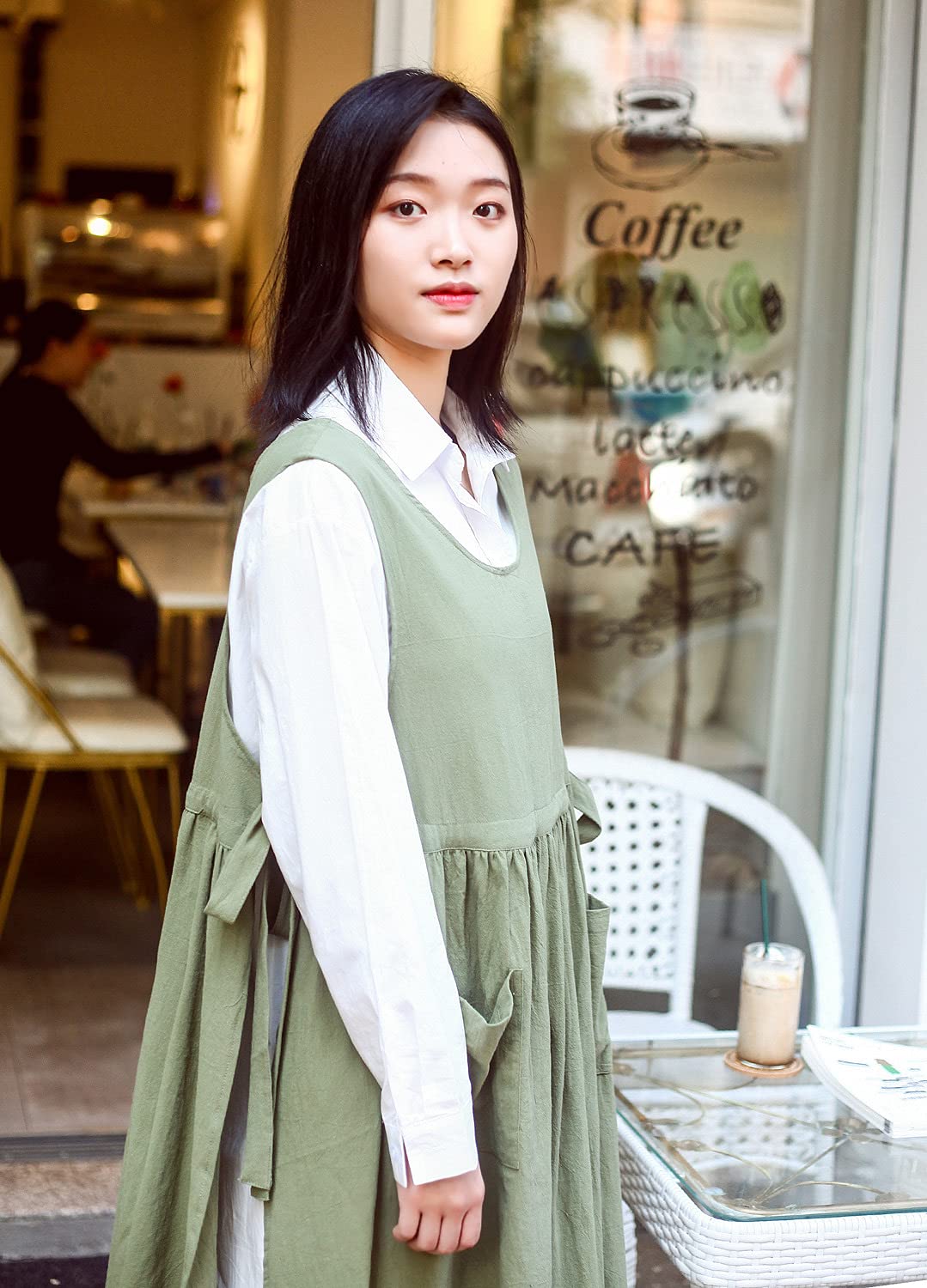 Tablier pour femme, grande taille, en coton et lin lavé avec 2 poches, couleur unie japonaise, tablier de cuisine pour femme, Couleur, 130 cm