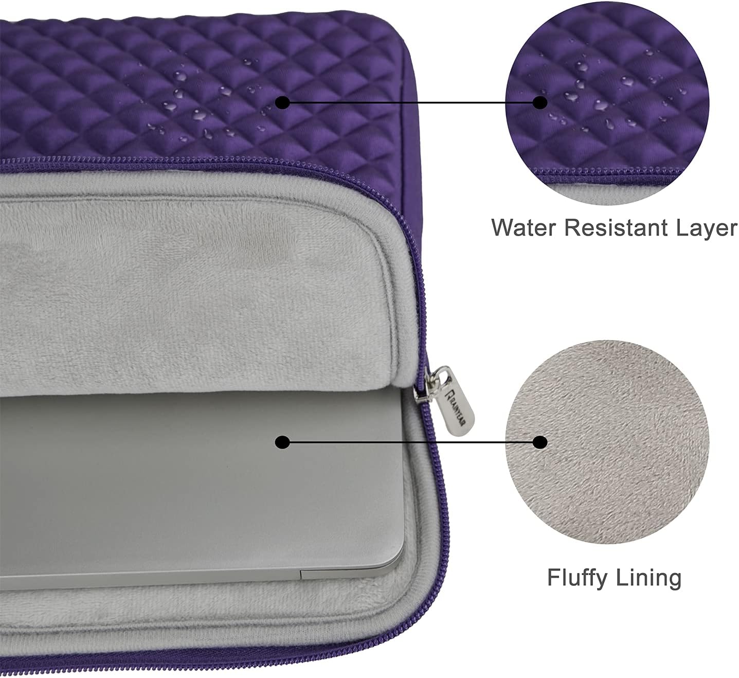 RAINYEAR 14 Inch Laptop Sleeve Diamond Foam Shock Resistant Neoprene Padded Case Fluffy Lining Zipper Cover Bag Compatible with 14" Notebook Computer Chromebook Tablet Ultrabook (Purple) - Image 4