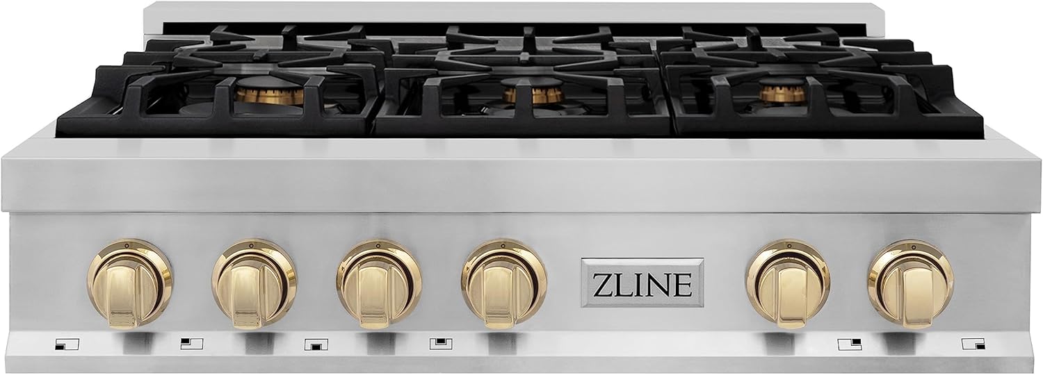 ZLINE Autograph Edition 36 in. Legacy Gas Rangetop with 6 Burners and Porcelain Cooktop in Stainless Steel with Polished Gold Accents (RTZ-36-G)