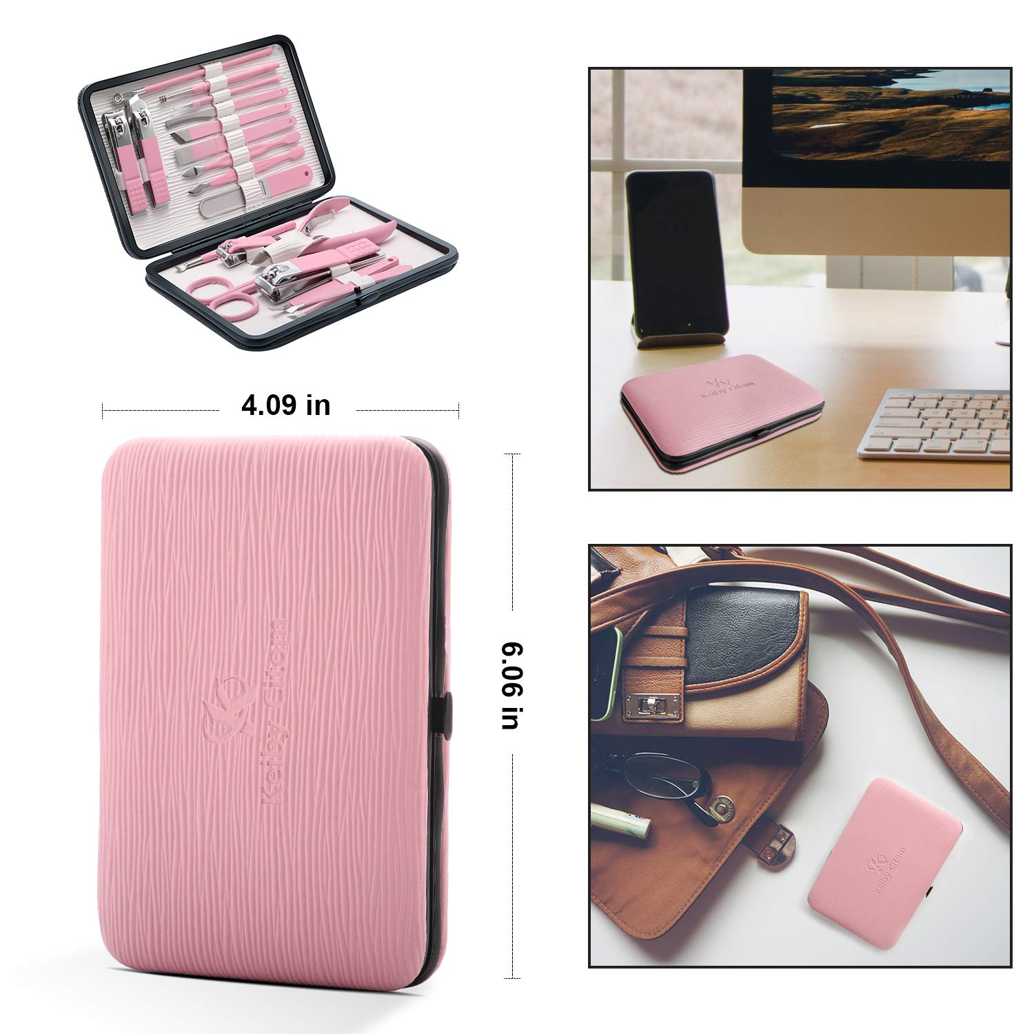 Keiby Citom Manicure Set 18pcs Professional Nail Clippers Kit Pedicure Care Tools-Stainless Steel Grooming Tools With Rose Gold PU Leather Case for Travel & Home (White Pink) - Image 3