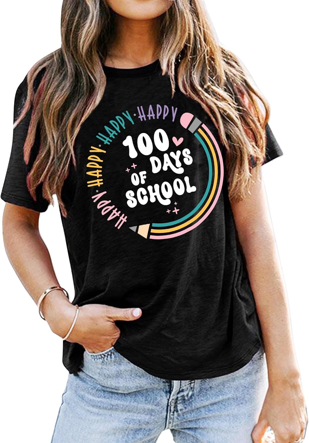 LHBNK Teacher Shirts Women Happy 100 Days of School T-Shirt Teach Print Graphic Tshirt Teacher Gifts Tops Tee - Image 2