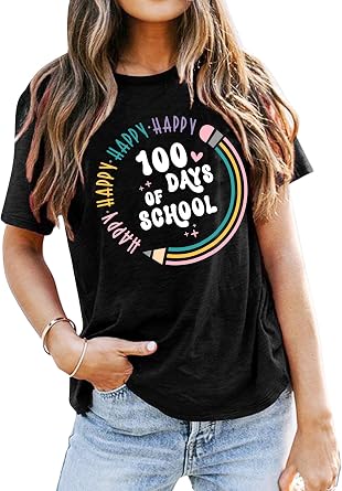 LHBNK Teacher Shirts Women Happy 100 Days of School T-Shirt Teach Print Graphic Tshirt Teacher Gifts Tops Tee