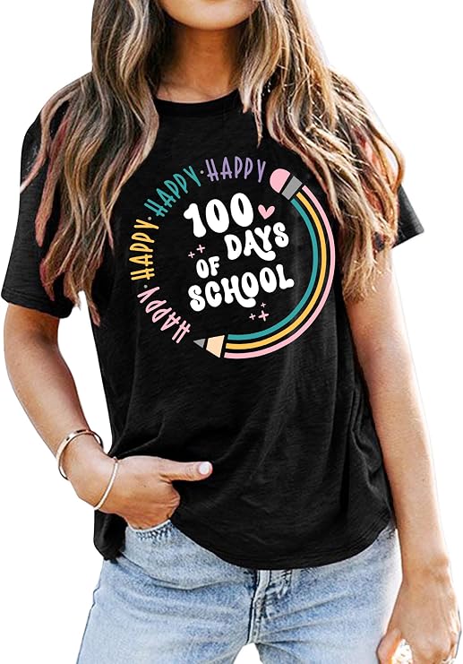 LHBNK Teacher Shirts Women Happy 100 Days of School T-Shirt Teach Print Graphic Tshirt Teacher Gifts Tops Tee