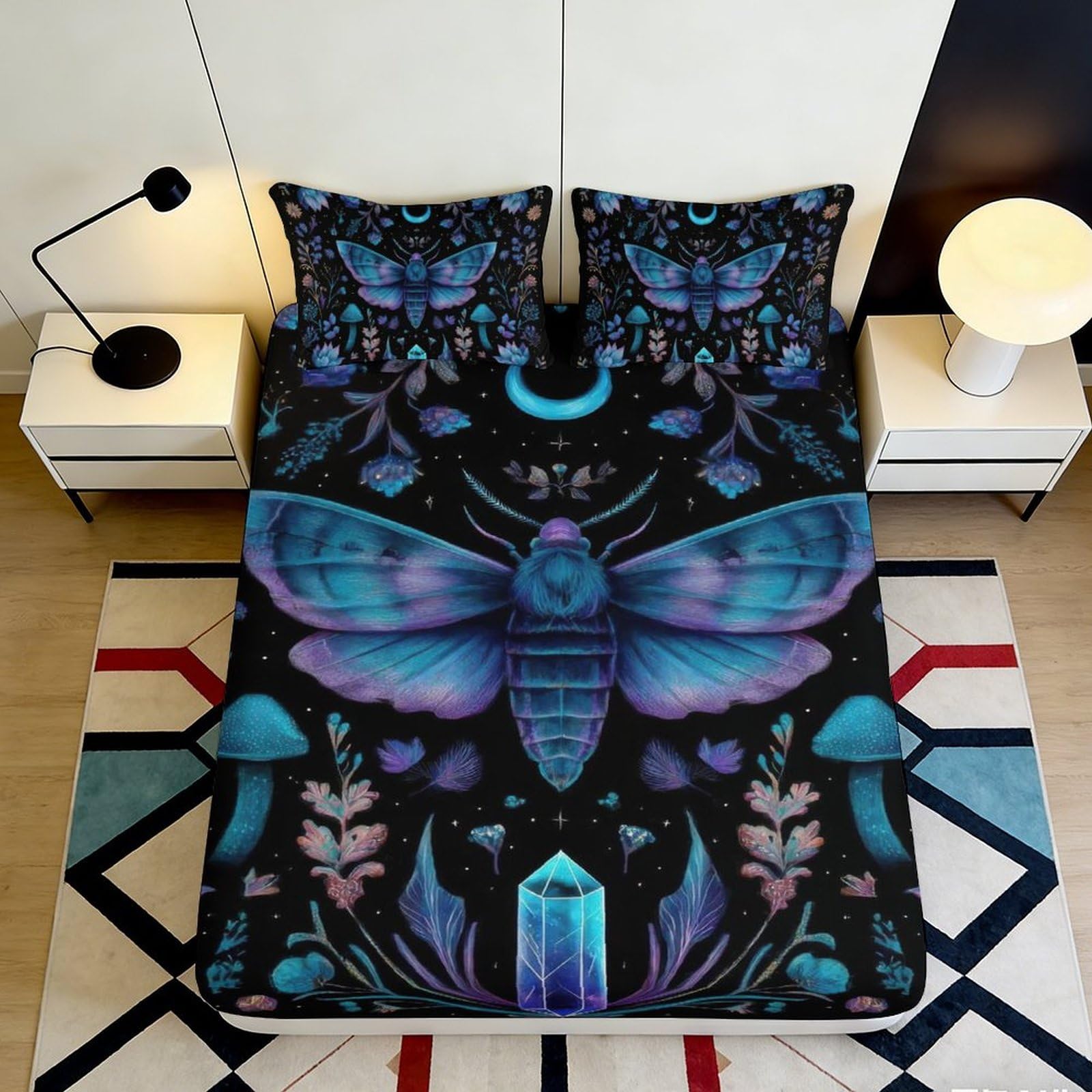 3D Printed Mystic Moth Fitted Sheet Microfiber Soft Breathable Night Forest Mattress Cover for Bedroom Dorm Decor 200x200x25cm