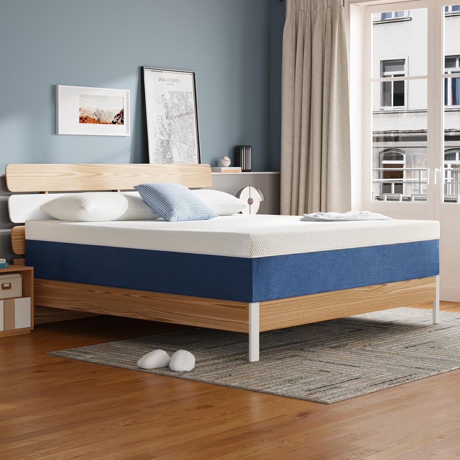 10 Inch Short Queen Mattress, Memory Foam Mattress in a Box, Medium Firm Plush Top for Pressure Relief and Motion Isolation,Deep Blue