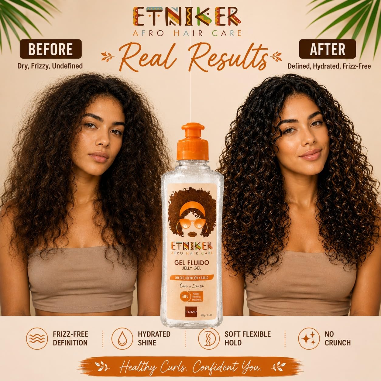 L'MAR Etniker Gel Afro Cuidado del Cabello Residuos sin Alcohol y Linaza, Gel Etniker Fluido Coco y Linaza Moldeo Definición y Brillo Sin Alcohol Residuos Parabenos 10.5Oz-300ml