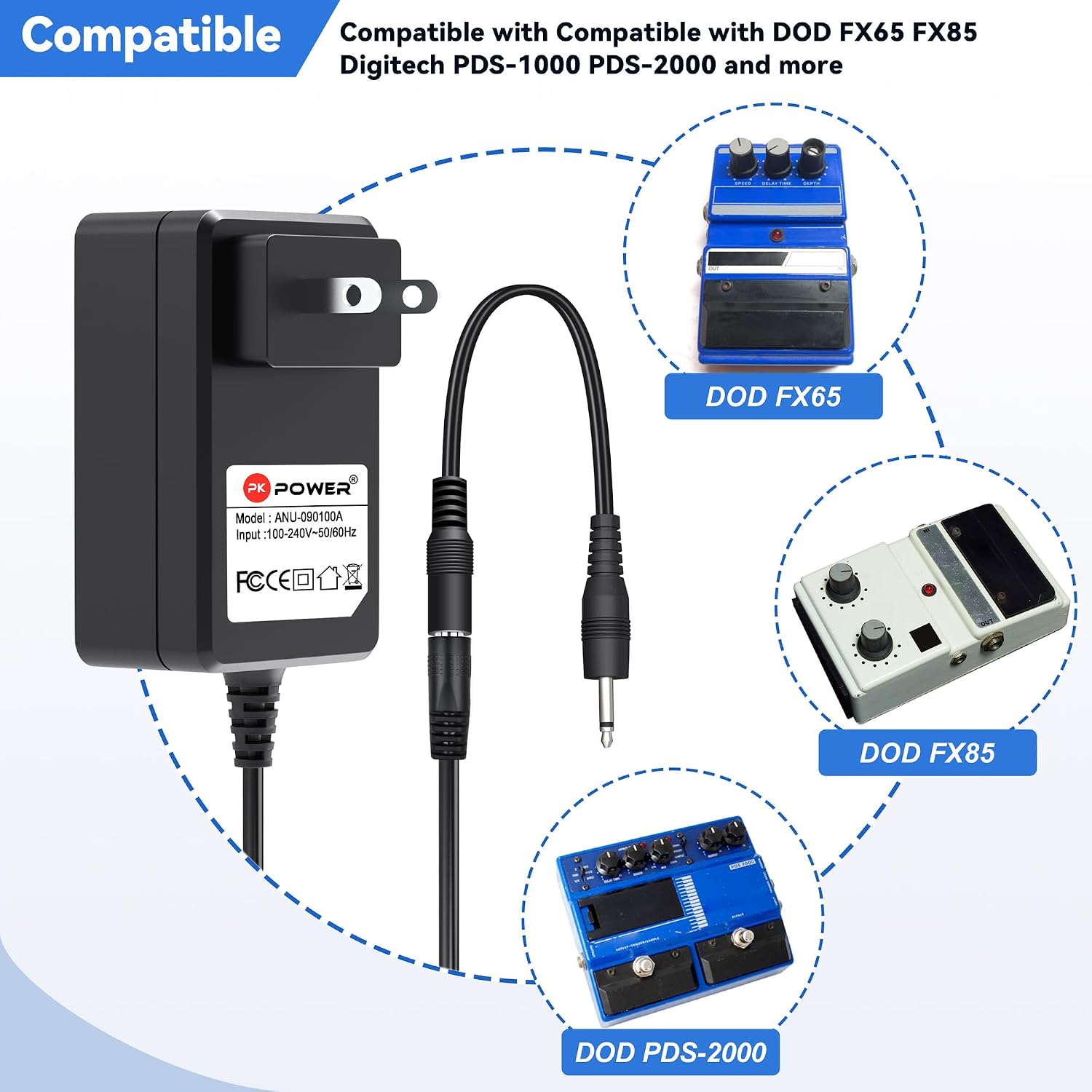 AC/DC Adapter 9V for DOD FX65 FX85 Stereo Chorus Pedal PDS-1000 PDS-2000 Digital Delay, Power Supply for Digitech JamMan DOD Whammy IV RP1000 RP500 GNX Series and More