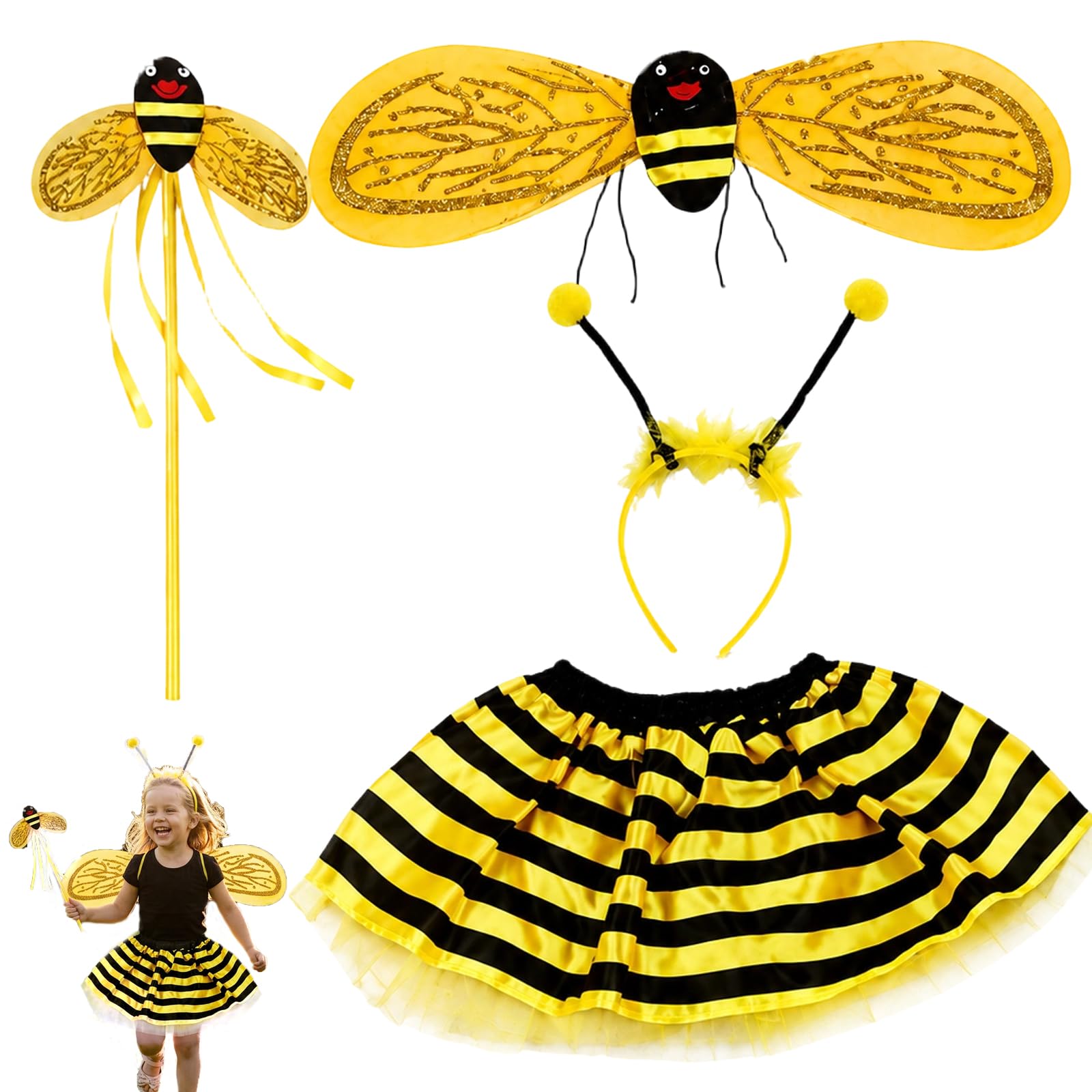 GYTFOG 4 PCS Bee Costume for Kids, Bee Costume Fancy Dress,Mini Beast Costume Kids with Wings, Headband, Wand and Skirts Suitable, Fancy Dress Outfit for Halloween Parties and Role-Play Activities