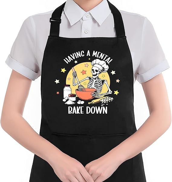 Funny Gothic Skeleton Baking Apron with Pockets, Funny Baking Gifts, Having a Mental Bake Down Waterproof Adjustable Cooking Apron for Kitchen Dishwashing Grilling