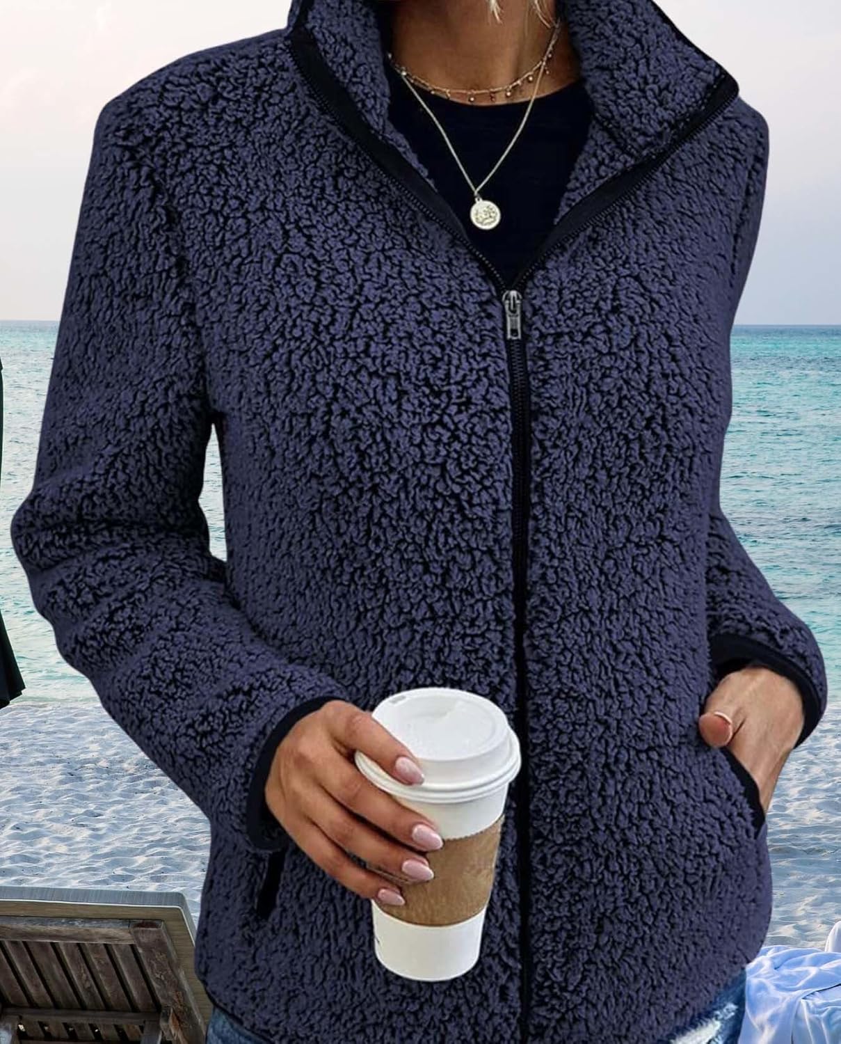 Womens Winter Jacket Casual Warm Plush Zipper Long Sleeve Standing Collar Coat with Pockets For Cold Weather - Image 3