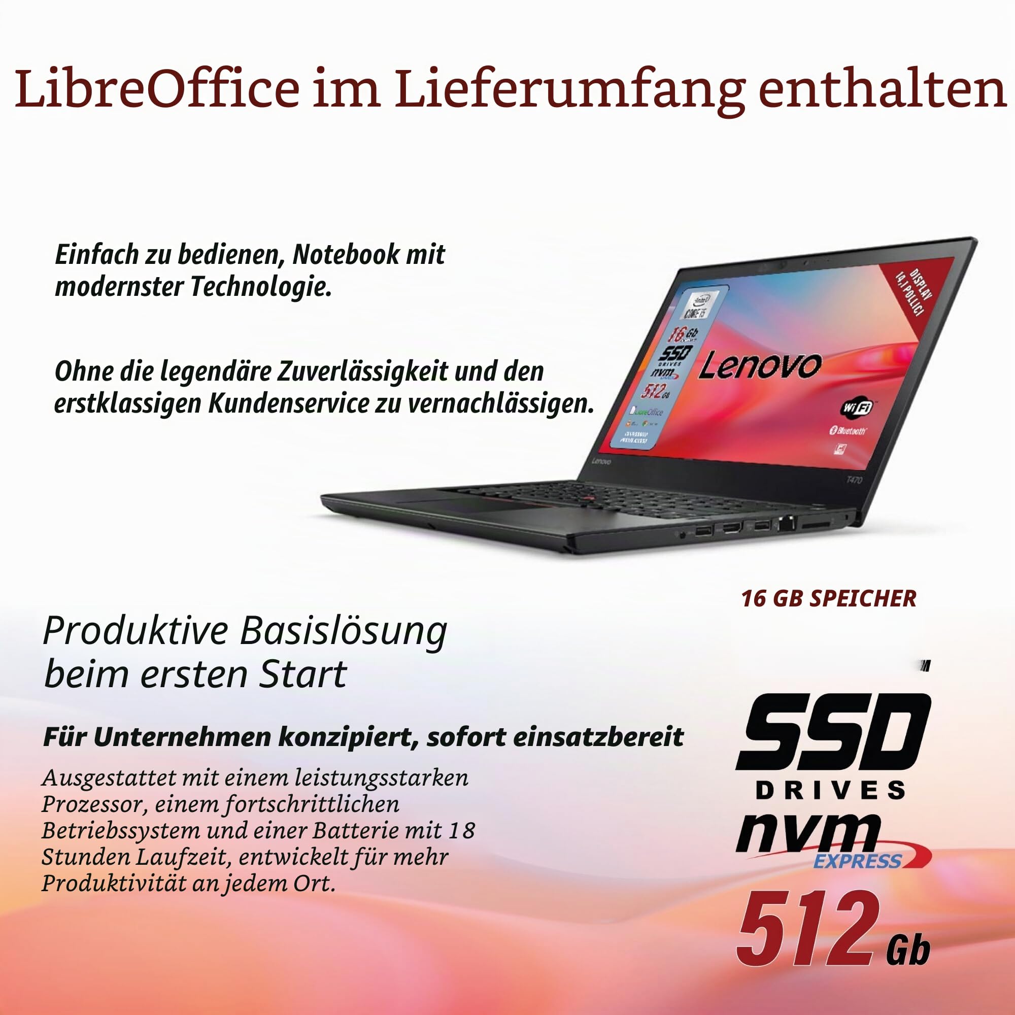 Lenovo, gebrauchsfertiger Intel Core i5-Laptop mit Office 2021-Paket, Notebook mit 14-Zoll-HD-Display, 16 GB RAM, 512 GB SSD, Win 11 Pro, italienische Garantie (generalüberholt)