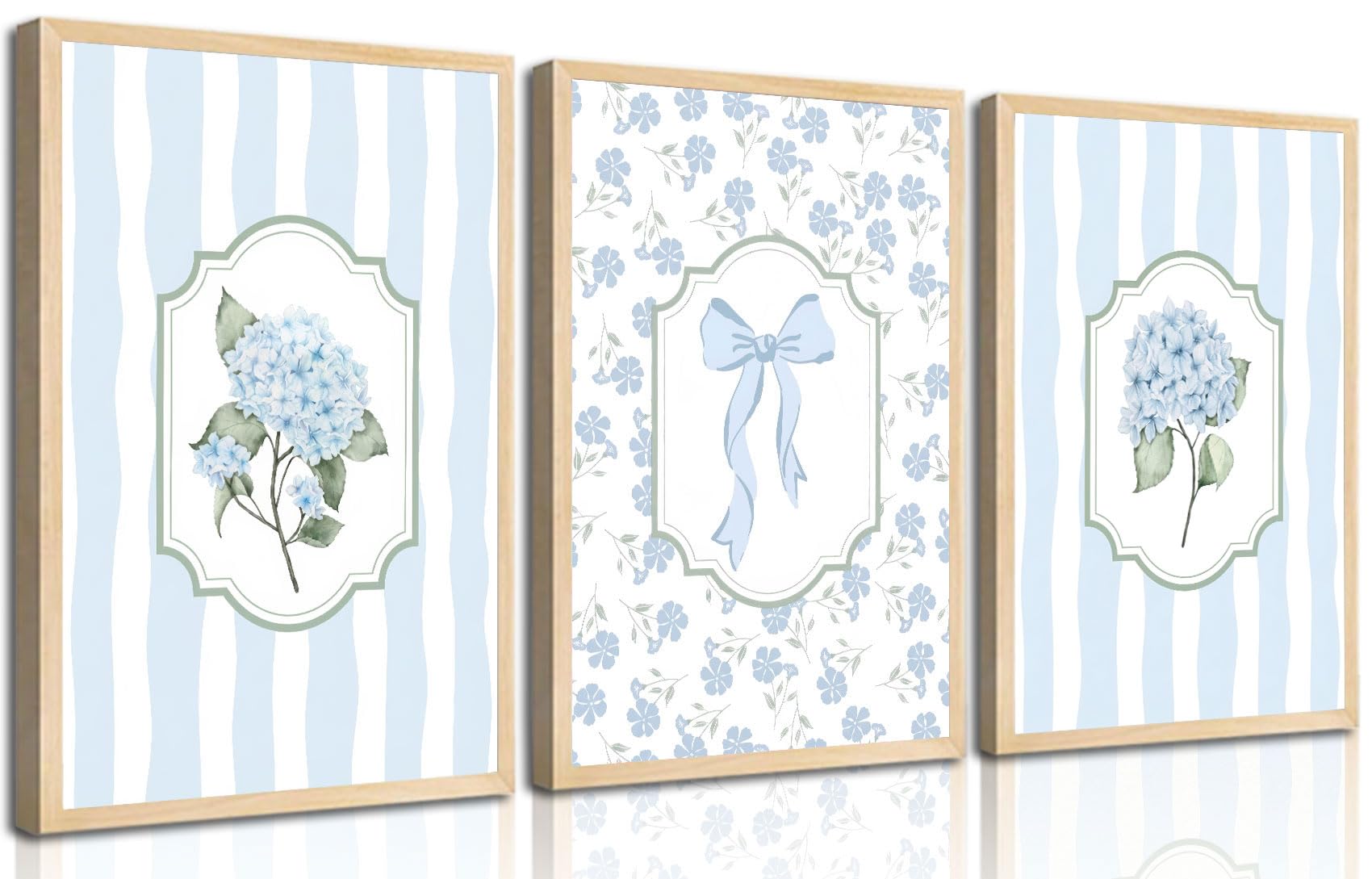 Photo 1 of 3Pcs Blue Hydrangea Wall Art Trendy Light Blue Striped Watercolor Bow Coquette Pictures Wall Decor Coastal Flower Botanical Aesthetic Posters Prints for Girls Bedroom Dorm Apartment Unframed 16x24in