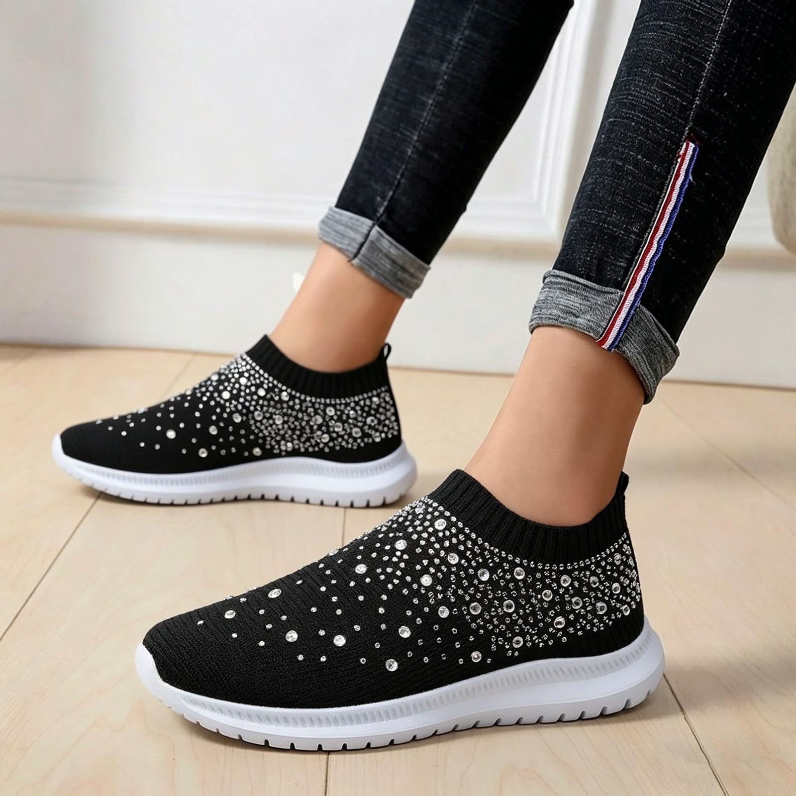 Scarpe da ginnastica da donna glamour con strass a maglia, senza lacci, con strass, per vacanze, crociere e feste, Nero , 39.5 EU