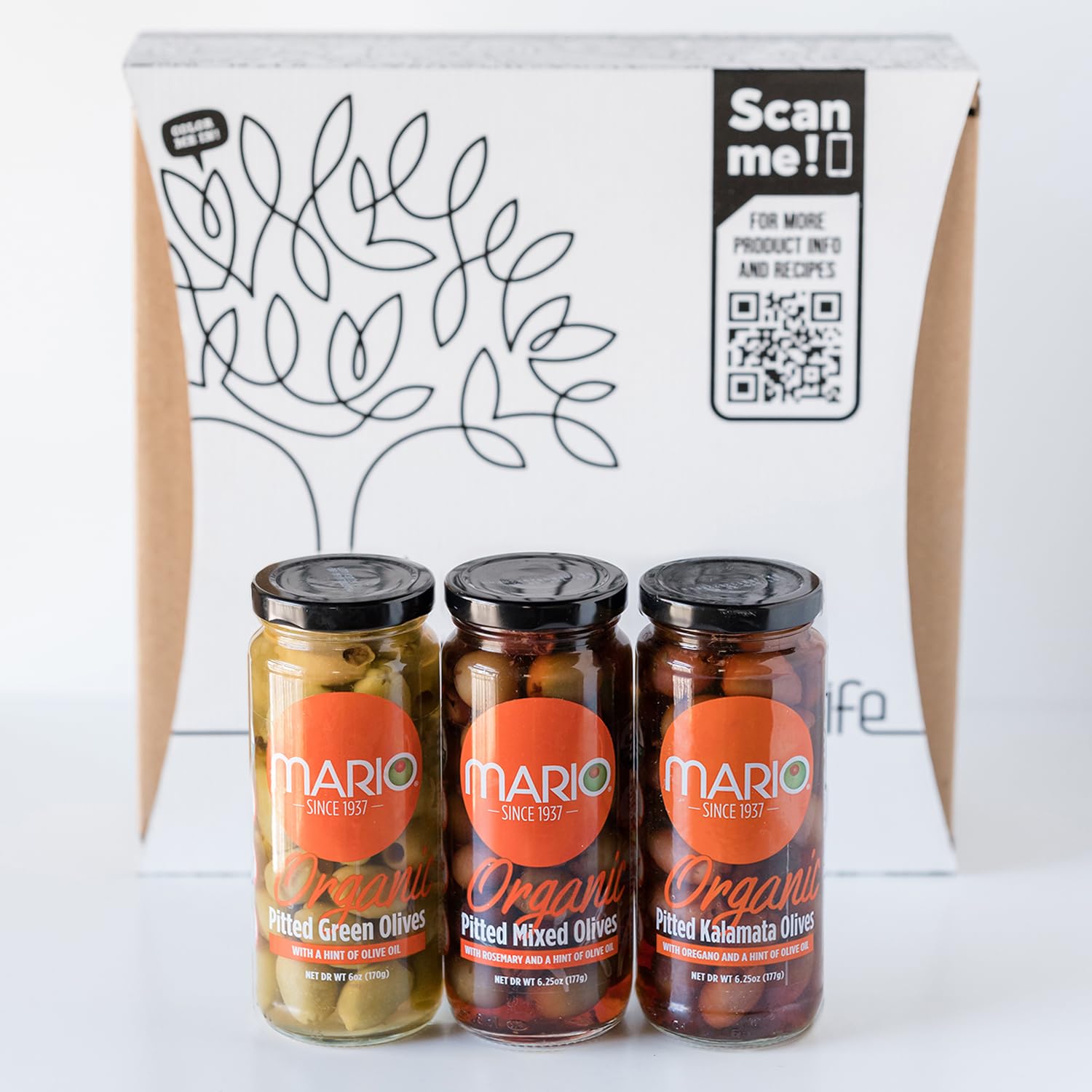 Mario Organic Greek Pitted Olives Gift Box – Kalamata Olives, Green Olives and Mixed Olives with Olive Oil & Herbs - 6oz Jars (Pack of 3)