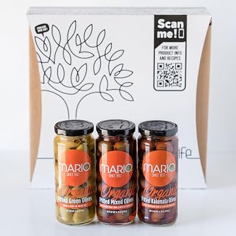 Mario Organic Greek Pitted Olives Gift Box Kalamata Olives, Green Olives and Mixed Olives with Olive Oil & Herbs - 6oz Jars Pack of 3