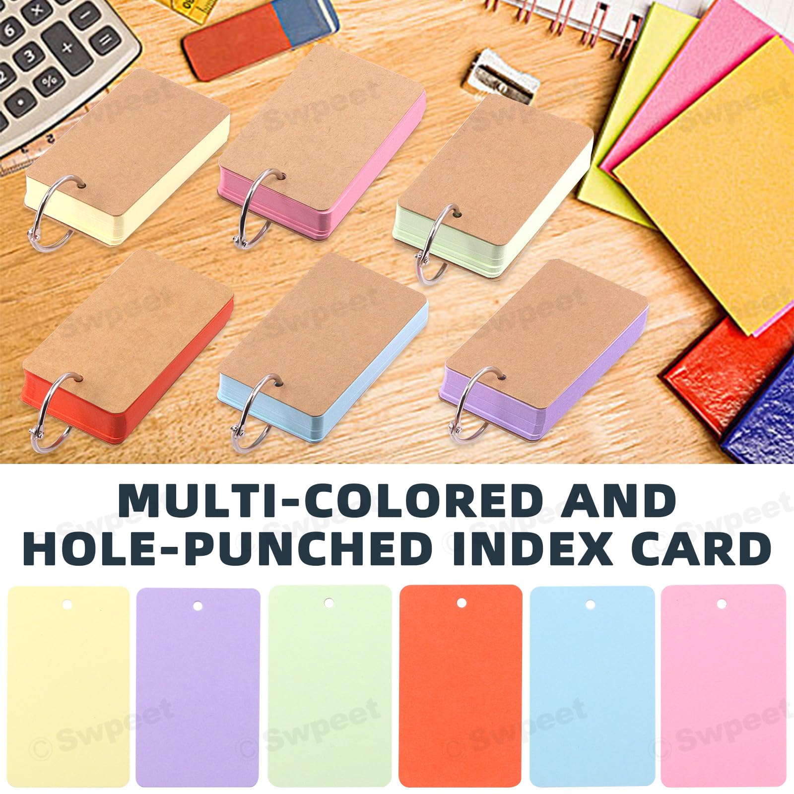 Swpeet 300 fogli schede colorate con anelli rilegatura 5,3 x 8,9 cm 6 colori flash card scuola apprendimento memoria
