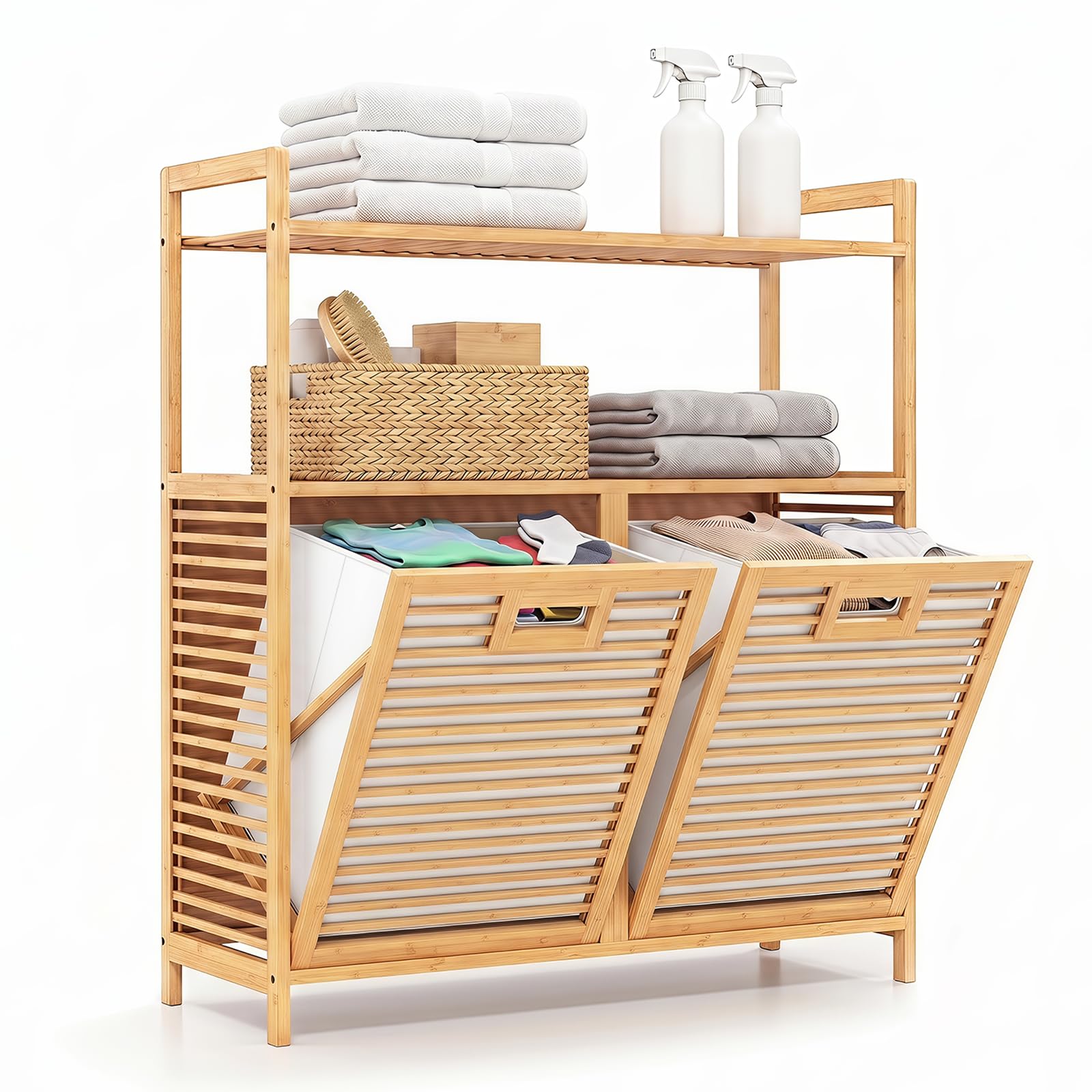 COSTWAY Wäschekorb mit 2 Fächern je 27 L, Wäschesammler Bambus, 80x30x92 cm