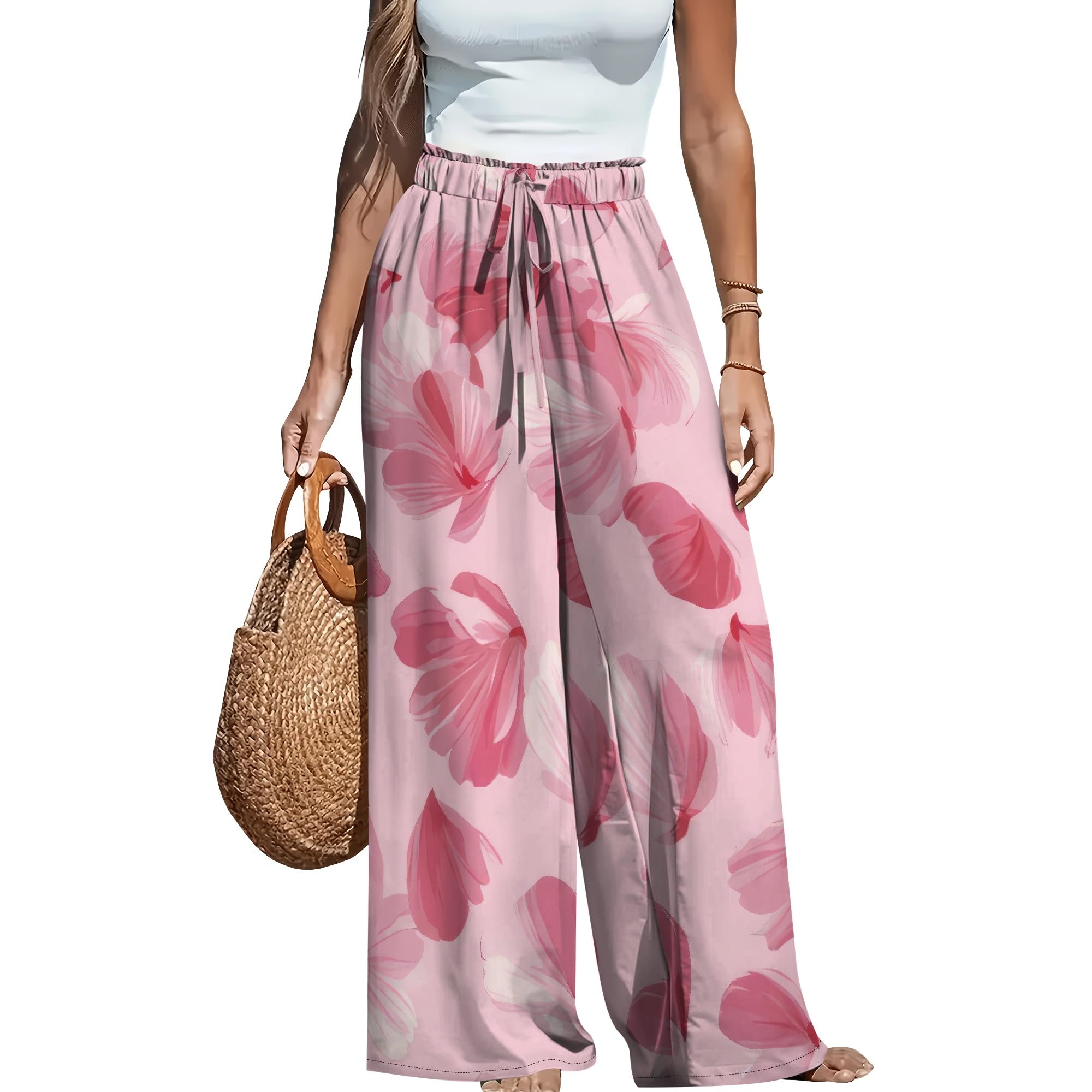 Casual High Waist Loose Wide Leg Pants for Women Floral Print Palazzo Pants Lounge Beach Vacation Trousers