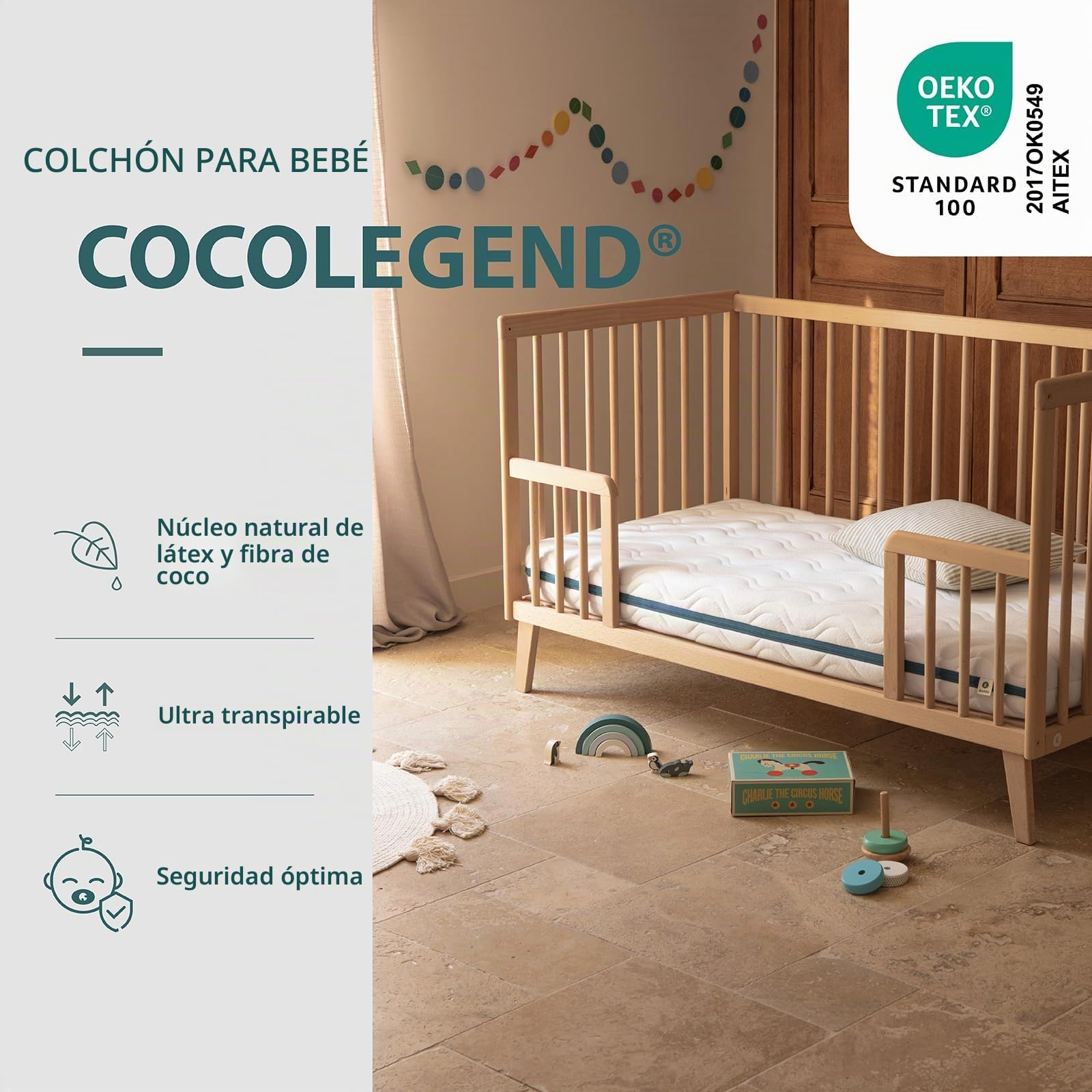 Kadolis - Colchón para bebé 60x120x12 cm COCOLEGEND - Coco y látex Natural - Desenfundable - Transpirable, Firme y Confortable - Sin Tratamiento químico - Certificado Oeko-Tex